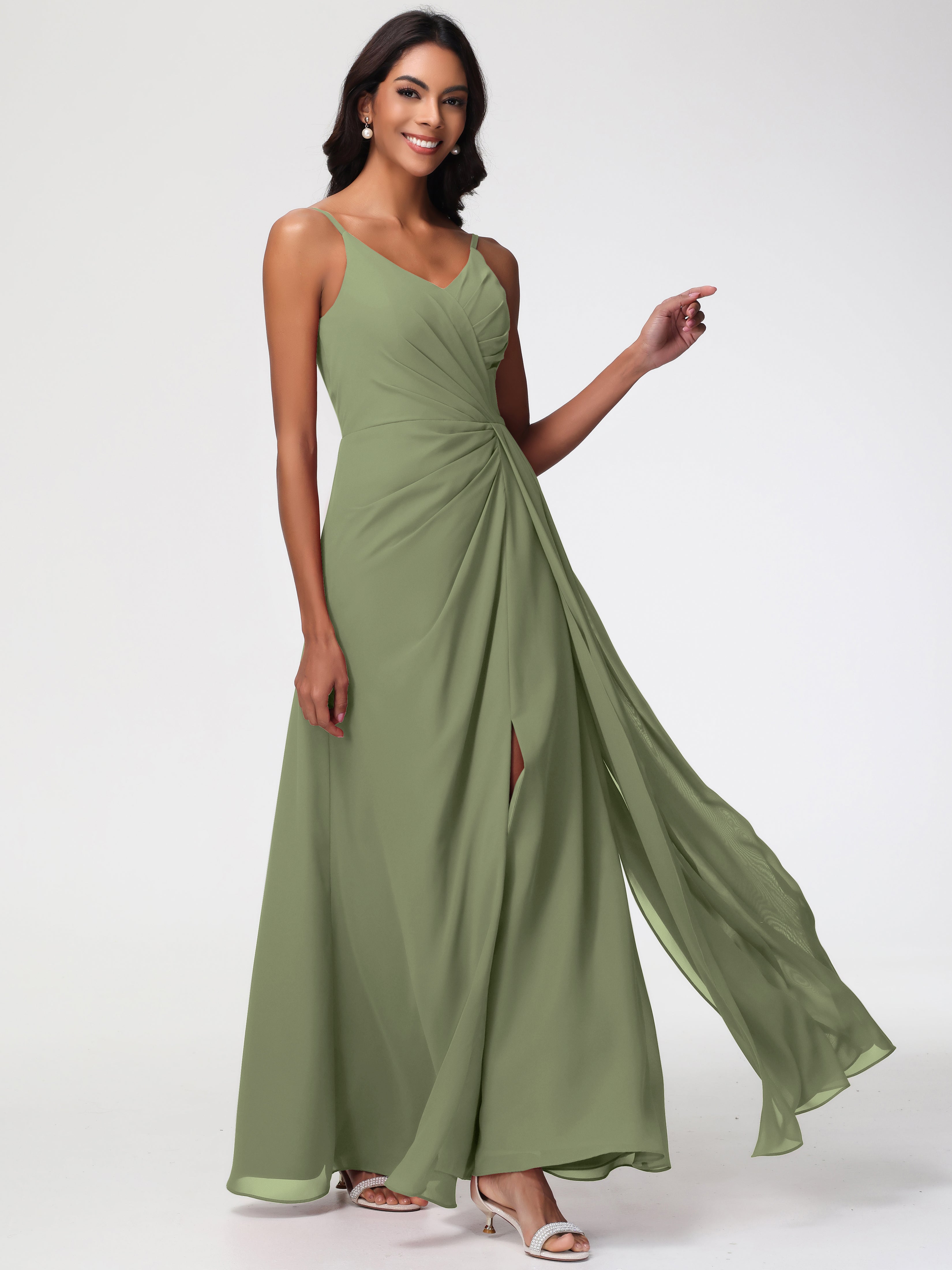 Olive Green Chiffon Bridesmaid Dresses A-Line V-Neck Spaghetti Straps Ruched Chiffon Bridesmaid Dresses With Slit Olive Green Chiffon Bridesmaid Dresses A-Line V-Neck Spaghetti Straps Ruched Chiffon Bridesmaid Dresses With Slit