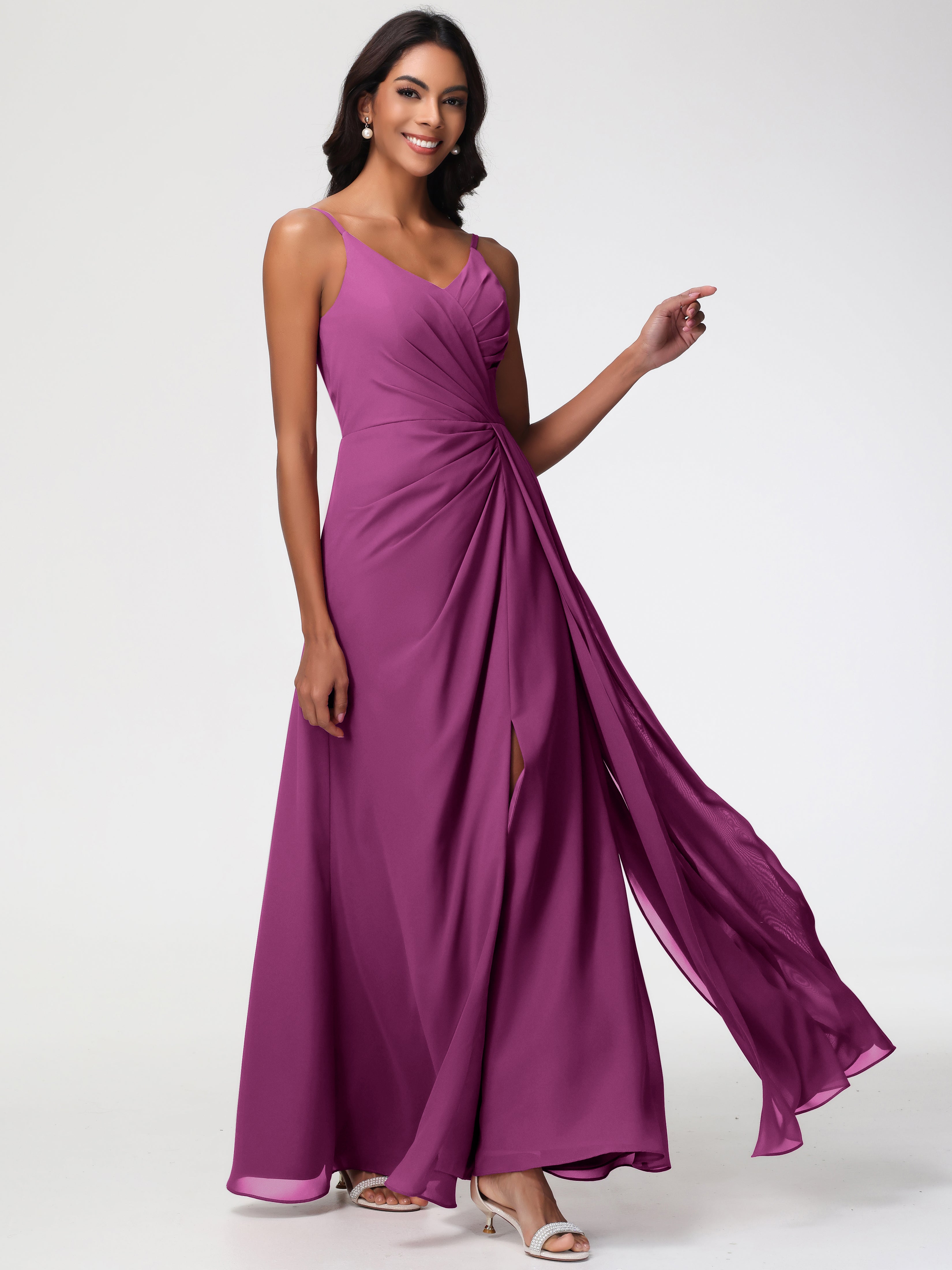 Orchid Color Bridesmaid Dresses A-Line V-Neck Spaghetti Straps Ruched Chiffon Bridesmaid Dresses With Slit Orchid Color Bridesmaid Dresses A-Line V-Neck Spaghetti Straps Ruched Chiffon Bridesmaid Dresses With Slit
