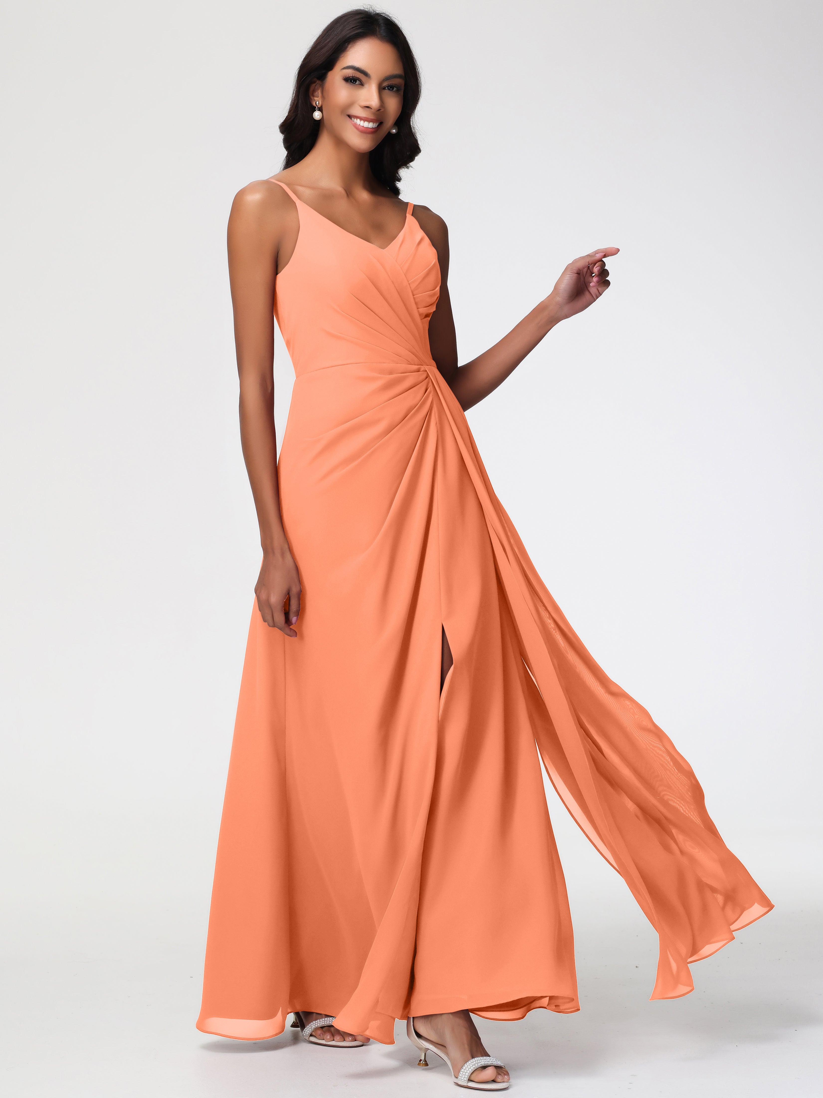 Papaya Bridesmaid Dress A-Line V-Neck Spaghetti Straps Ruched Chiffon Bridesmaid Dresses With Slit Papaya Bridesmaid Dress A-Line V-Neck Spaghetti Straps Ruched Chiffon Bridesmaid Dresses With Slit