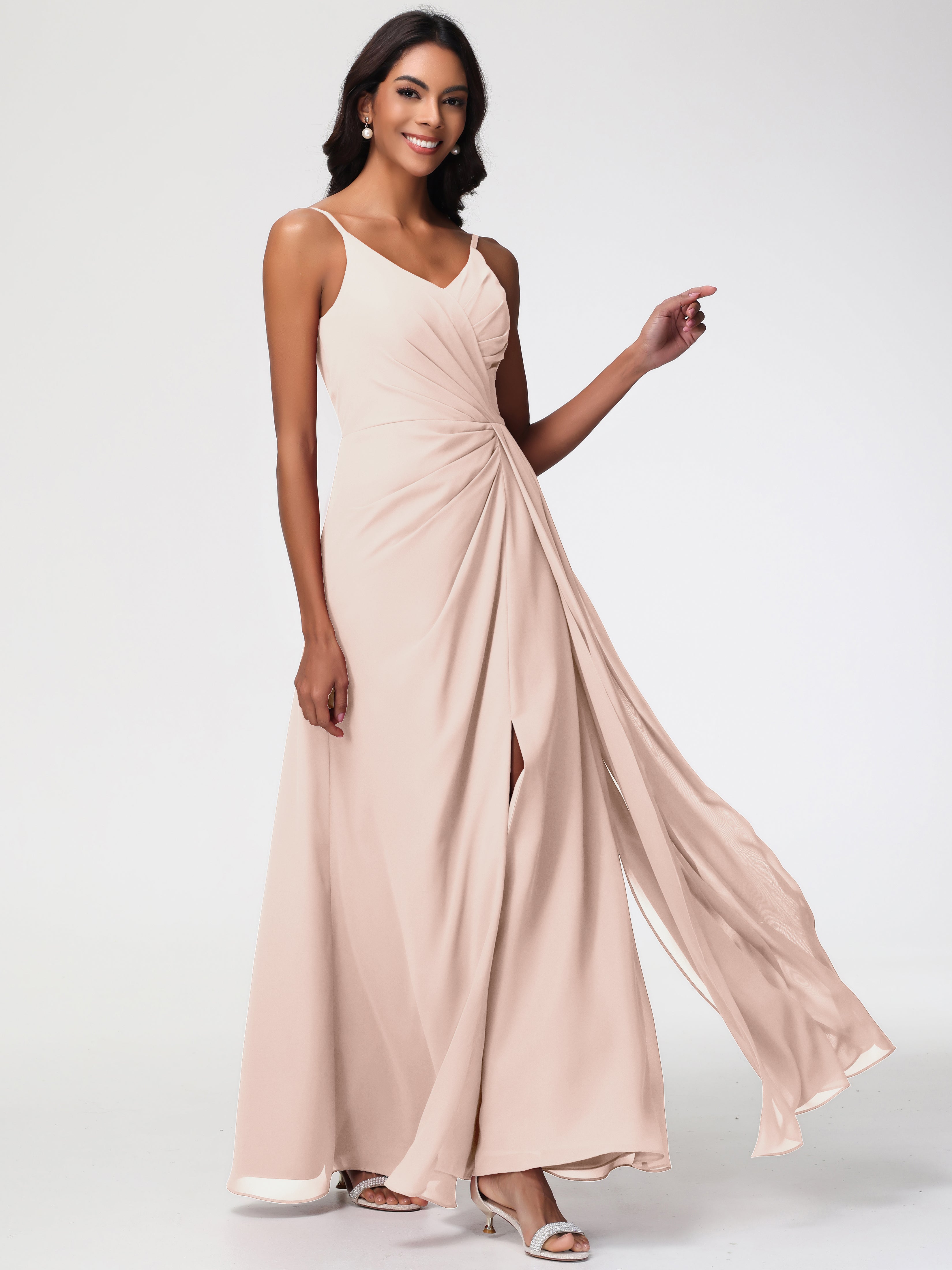 pearl pink bridesmaid dress Pearl Pink Halter A-Line Satin Bridesmaid Dress with Open Back Elegant Bridesmaid Satin Gown with V-Neck - Multiple Color