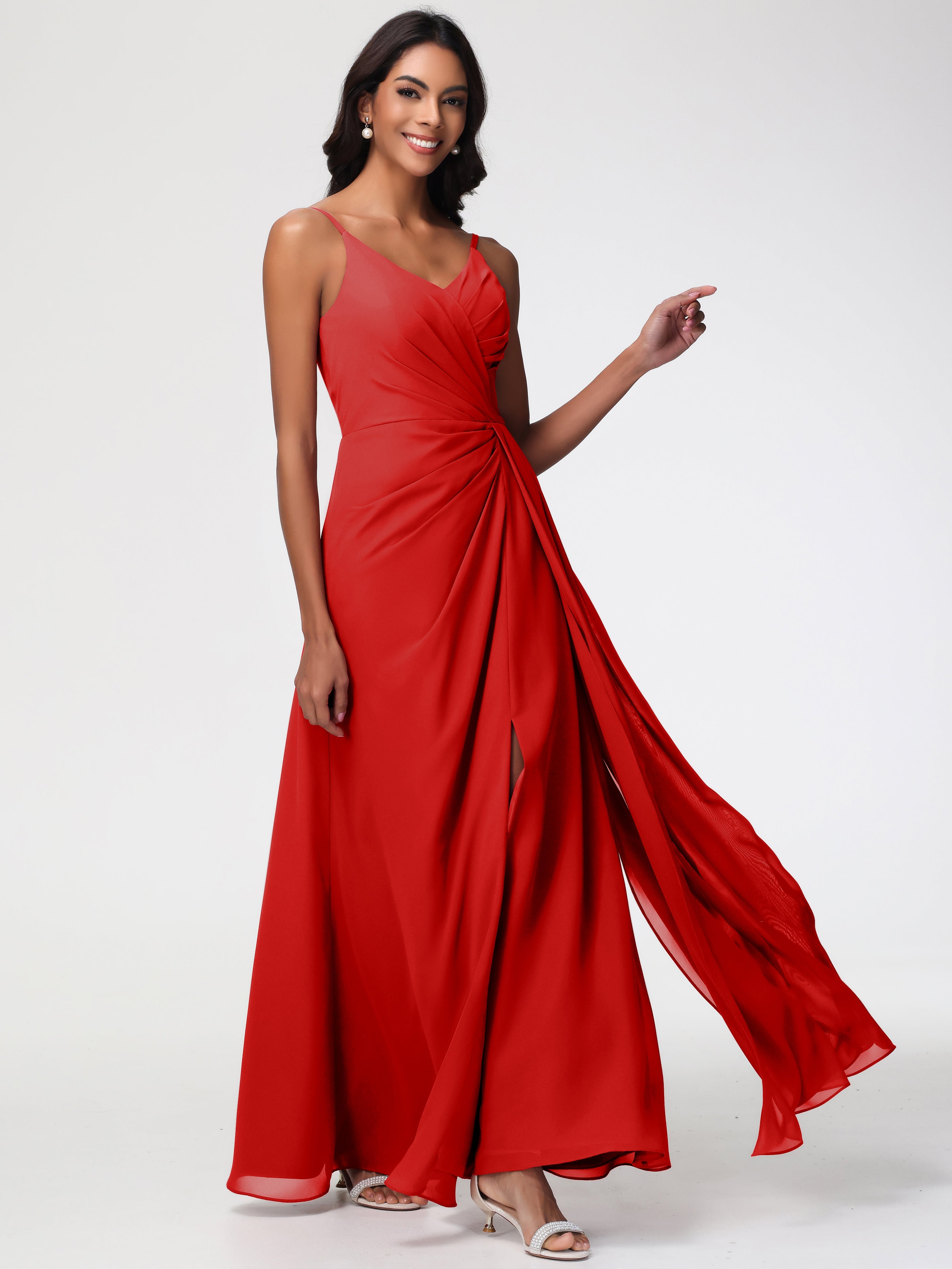 Bridesmaid Dress Red A-Line V-Neck Spaghetti Straps Ruched Chiffon Bridesmaid Dresses With Slit Bridesmaid Dress Red A-Line V-Neck Spaghetti Straps Ruched Chiffon Bridesmaid Dresses With Slit