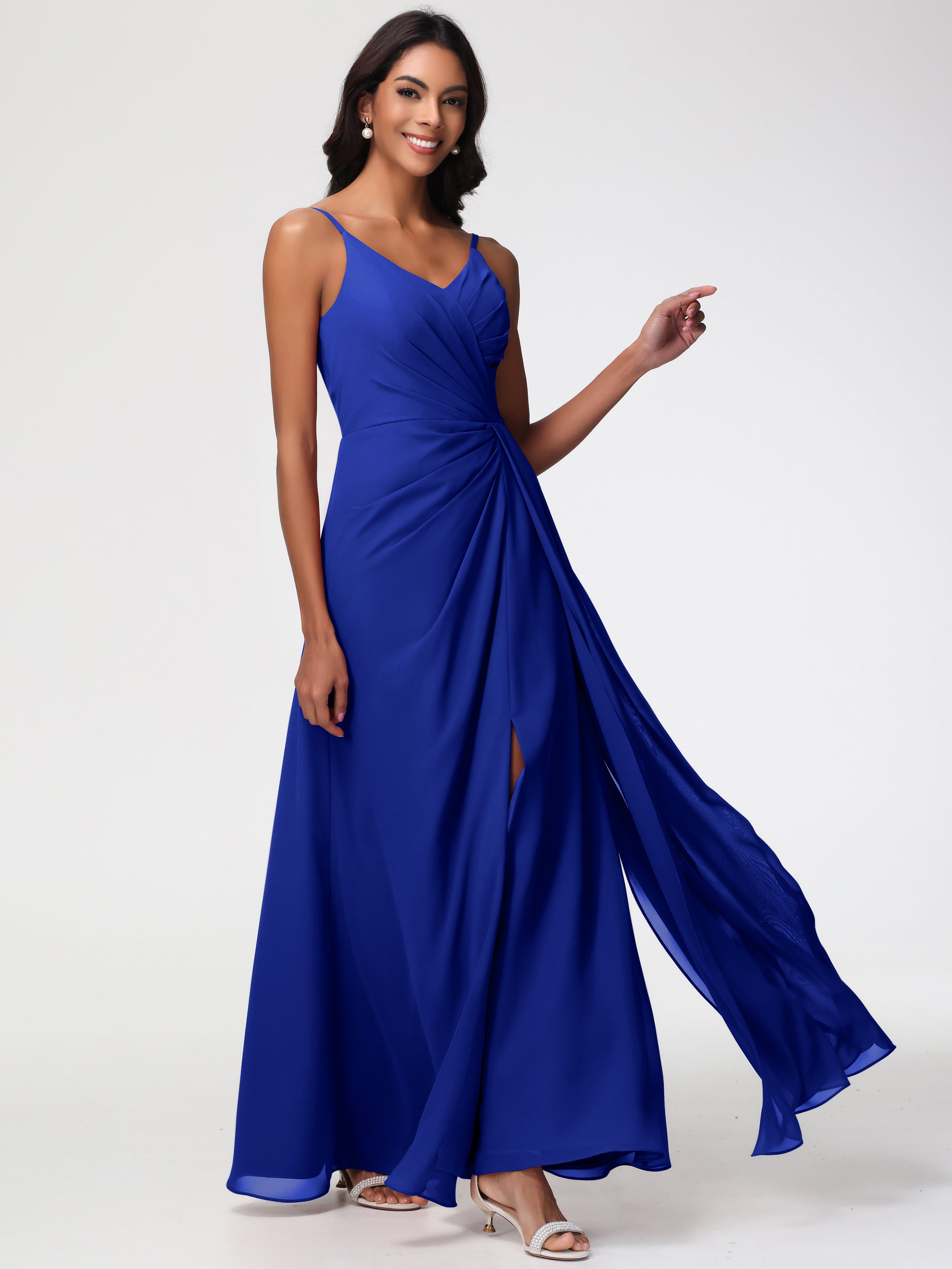 Wedding Royal Blue Bridesmaid Dresses A-Line V-Neck Spaghetti Straps Ruched Chiffon Bridesmaid Dresses With Slit Wedding Royal Blue Bridesmaid Dresses A-Line V-Neck Spaghetti Straps Ruched Chiffon Bridesmaid Dresses With Slit