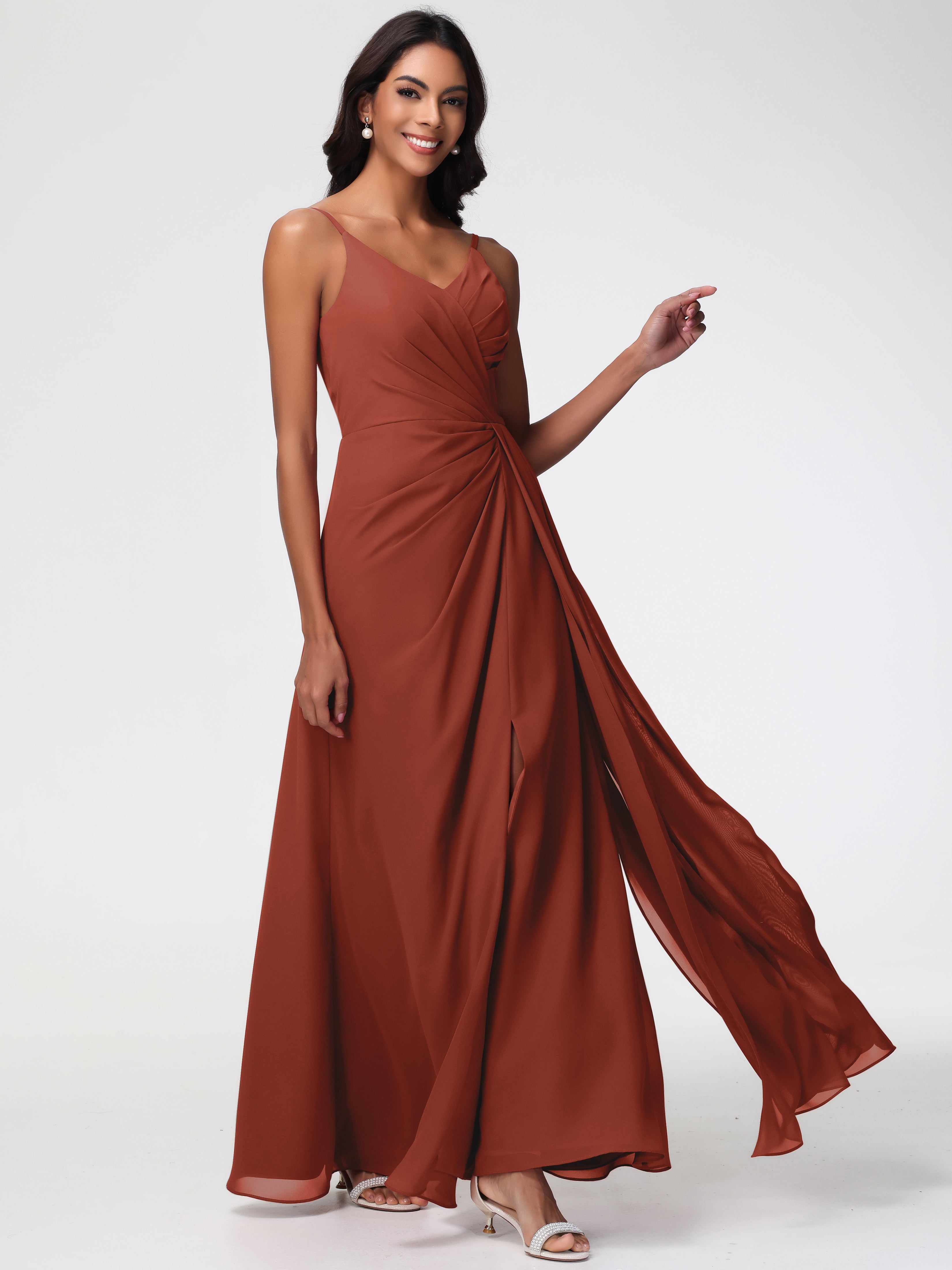 Rust Coloured Bridesmaid Dresses A-Line V-Neck Spaghetti Straps Ruched Chiffon Bridesmaid Dresses With Slit Rust Coloured Bridesmaid Dresses A-Line V-Neck Spaghetti Straps Ruched Chiffon Bridesmaid Dresses With Slit