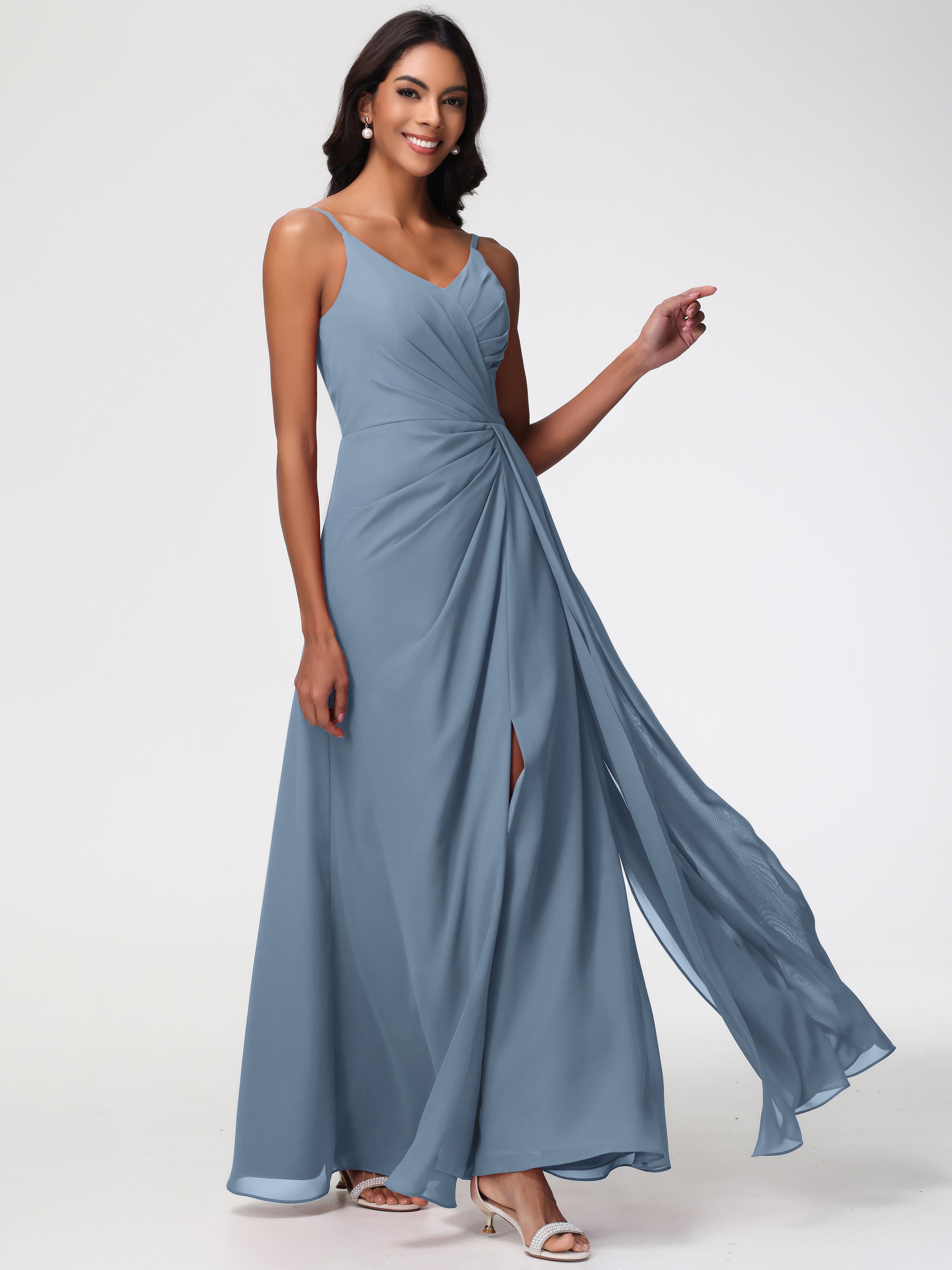 Bridesmaid Dresses In Slate Blue A-Line V-Neck Spaghetti Straps Ruched Chiffon Bridesmaid Dresses With Slit Bridesmaid Dresses In Slate Blue A-Line V-Neck Spaghetti Straps Ruched Chiffon Bridesmaid Dresses With Slit
