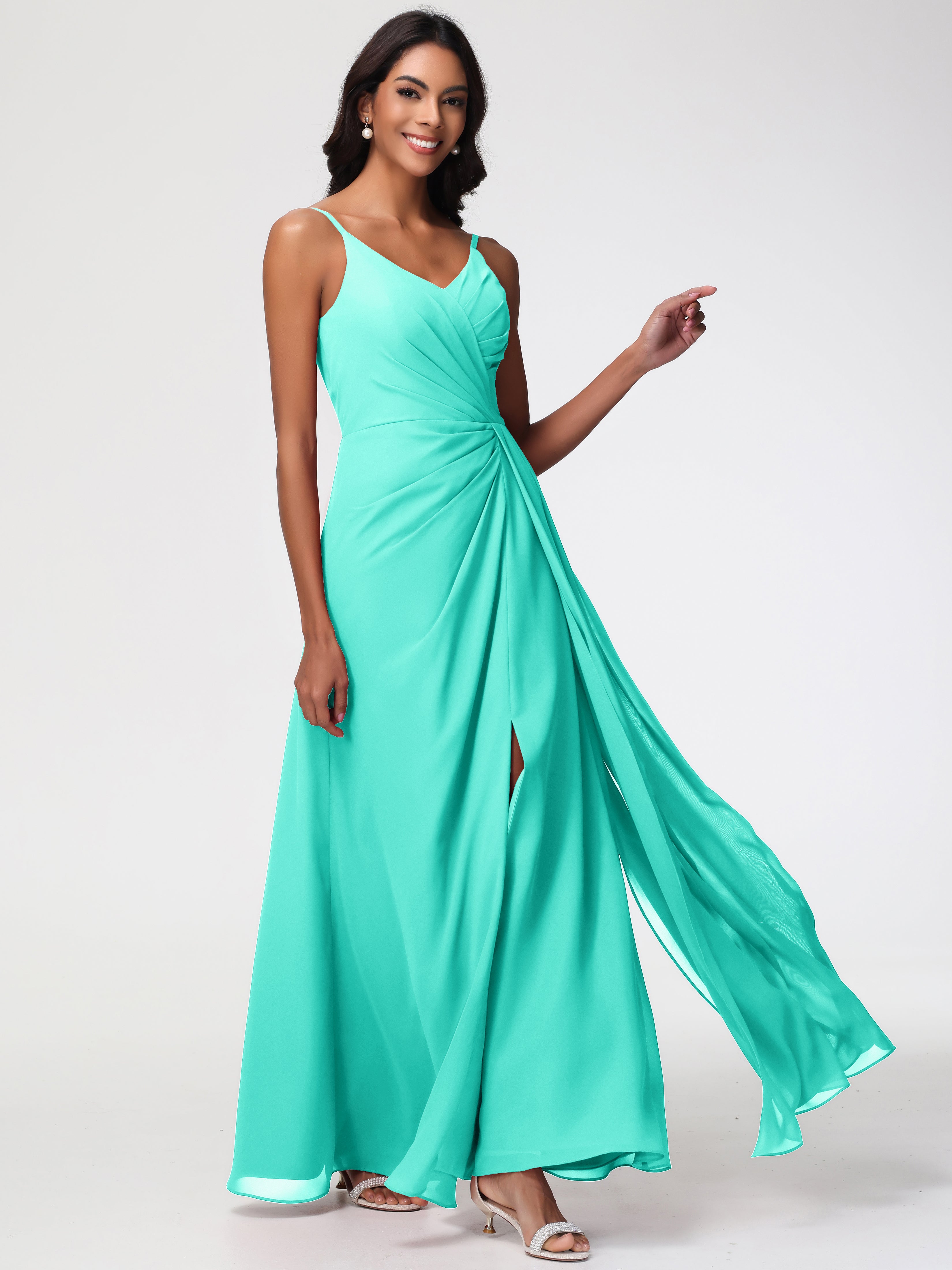 Spa Color Bridesmaid Dress A-Line V-Neck Spaghetti Straps Ruched Chiffon Bridesmaid Dresses With Slit Spa Color Bridesmaid Dress A-Line V-Neck Spaghetti Straps Ruched Chiffon Bridesmaid Dresses With Slit