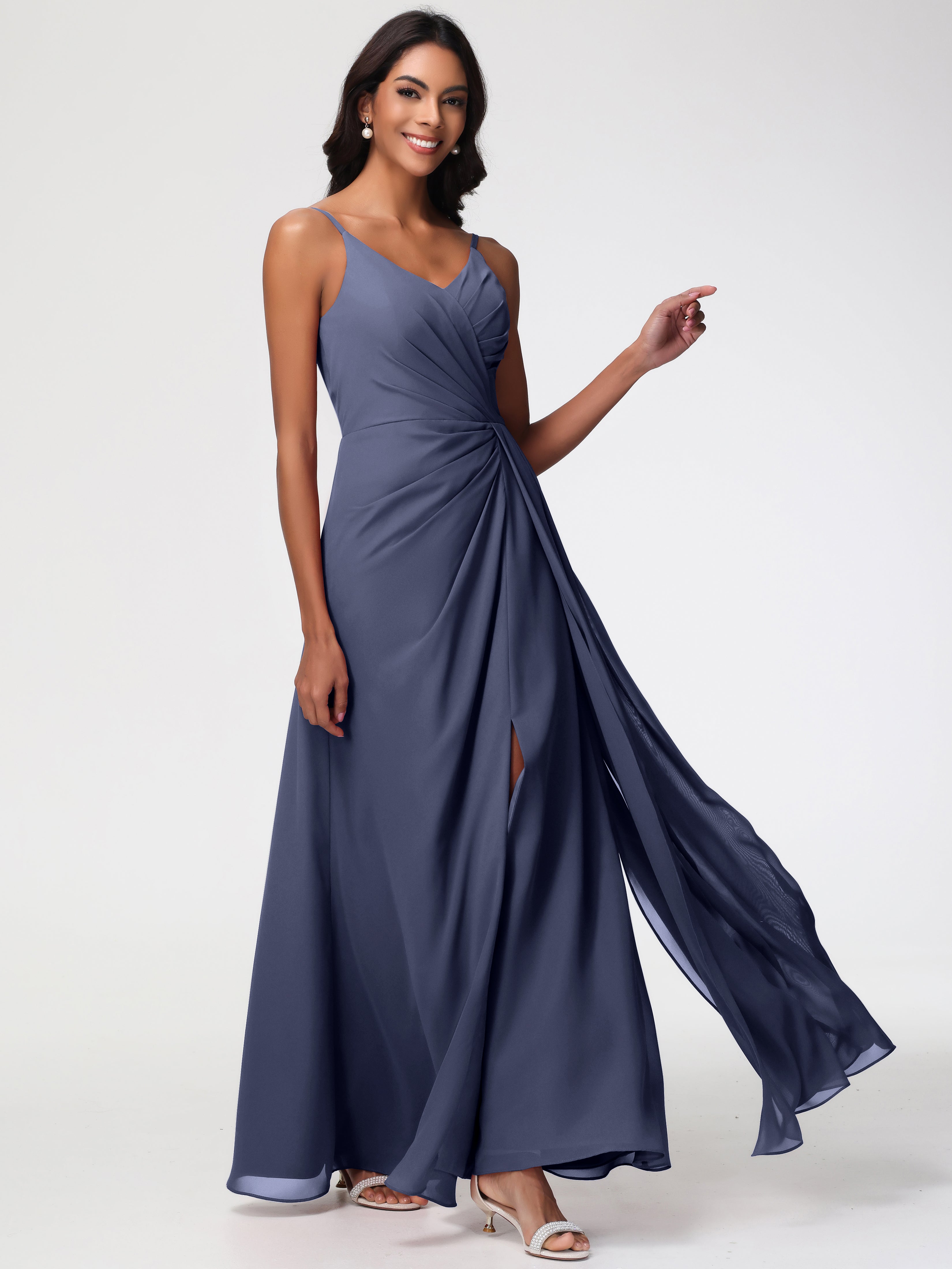 Stormy Color Bridesmaid Dresses A-Line V-Neck Spaghetti Straps Ruched Chiffon Bridesmaid Dresses With Slit Stormy Color Bridesmaid Dresses A-Line V-Neck Spaghetti Straps Ruched Chiffon Bridesmaid Dresses With Slit