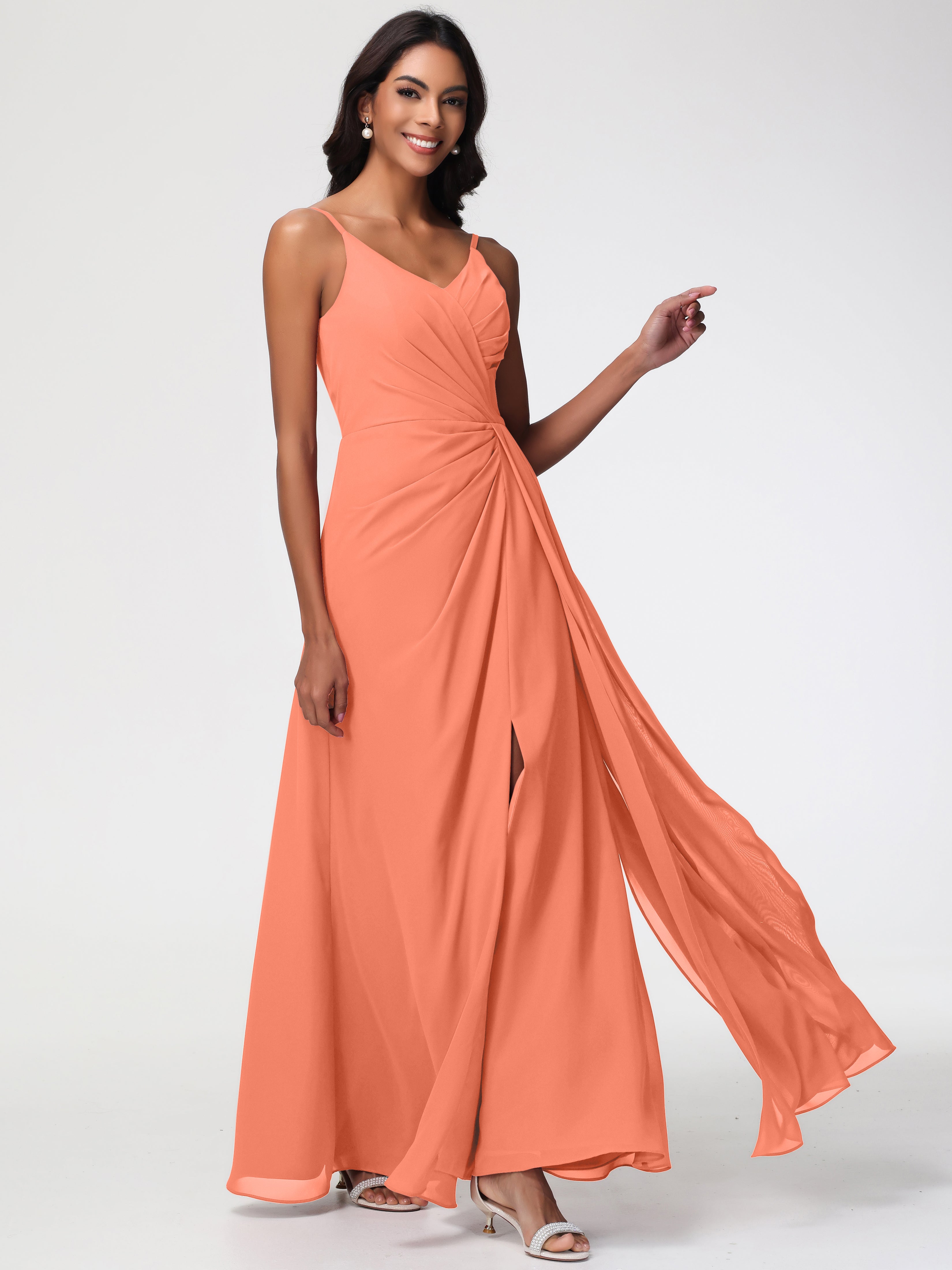 Sunset Orange Bridesmaid Dress A-Line V-Neck Spaghetti Straps Ruched Chiffon Bridesmaid Dresses With Slit Sunset Orange Bridesmaid Dress A-Line V-Neck Spaghetti Straps Ruched Chiffon Bridesmaid Dresses With Slit