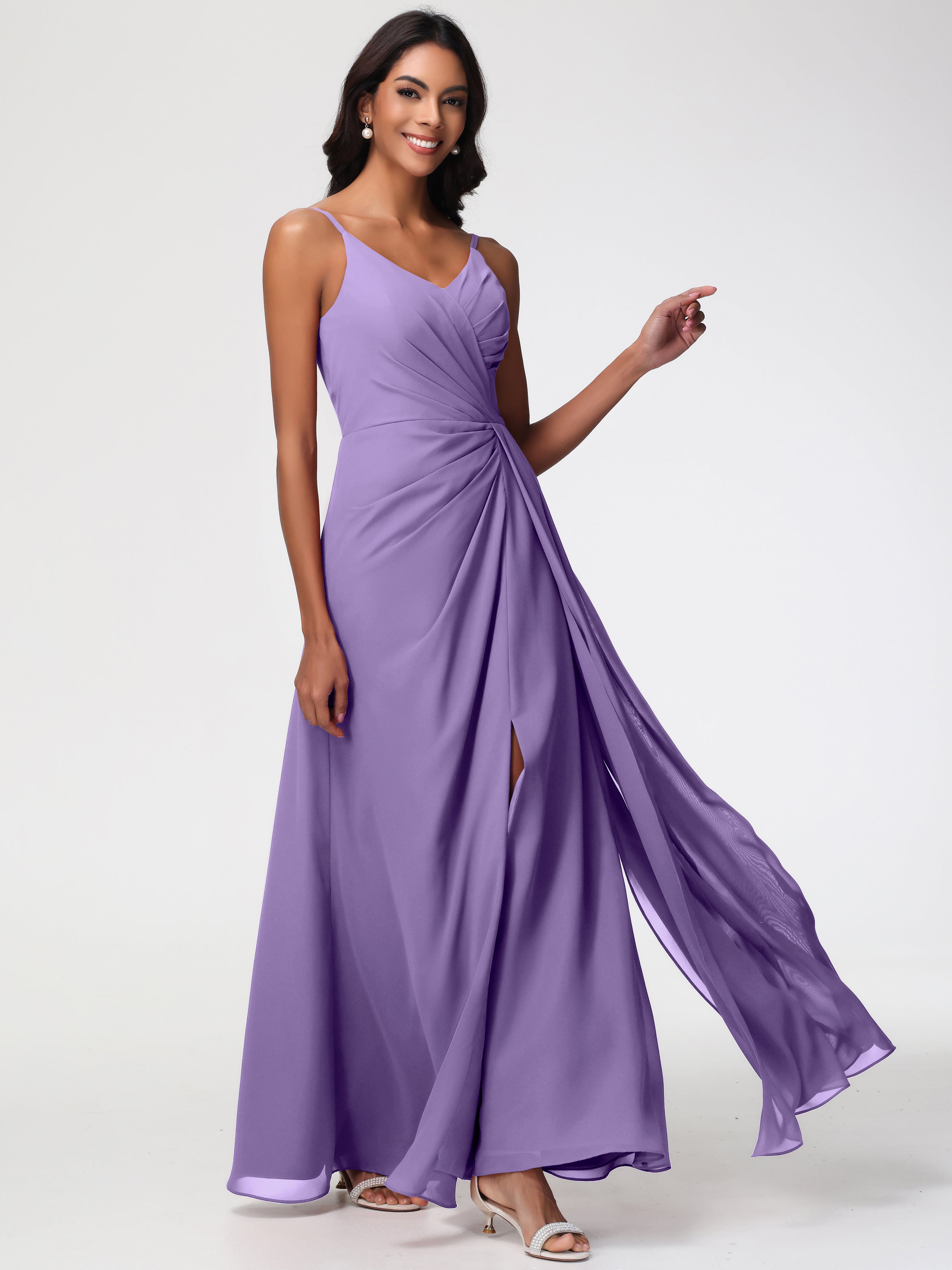 Tahiti Color Bridesmaid Dress A-Line V-Neck Spaghetti Straps Ruched Chiffon Bridesmaid Dresses With Slit Tahiti Color Bridesmaid Dress A-Line V-Neck Spaghetti Straps Ruched Chiffon Bridesmaid Dresses With Slit