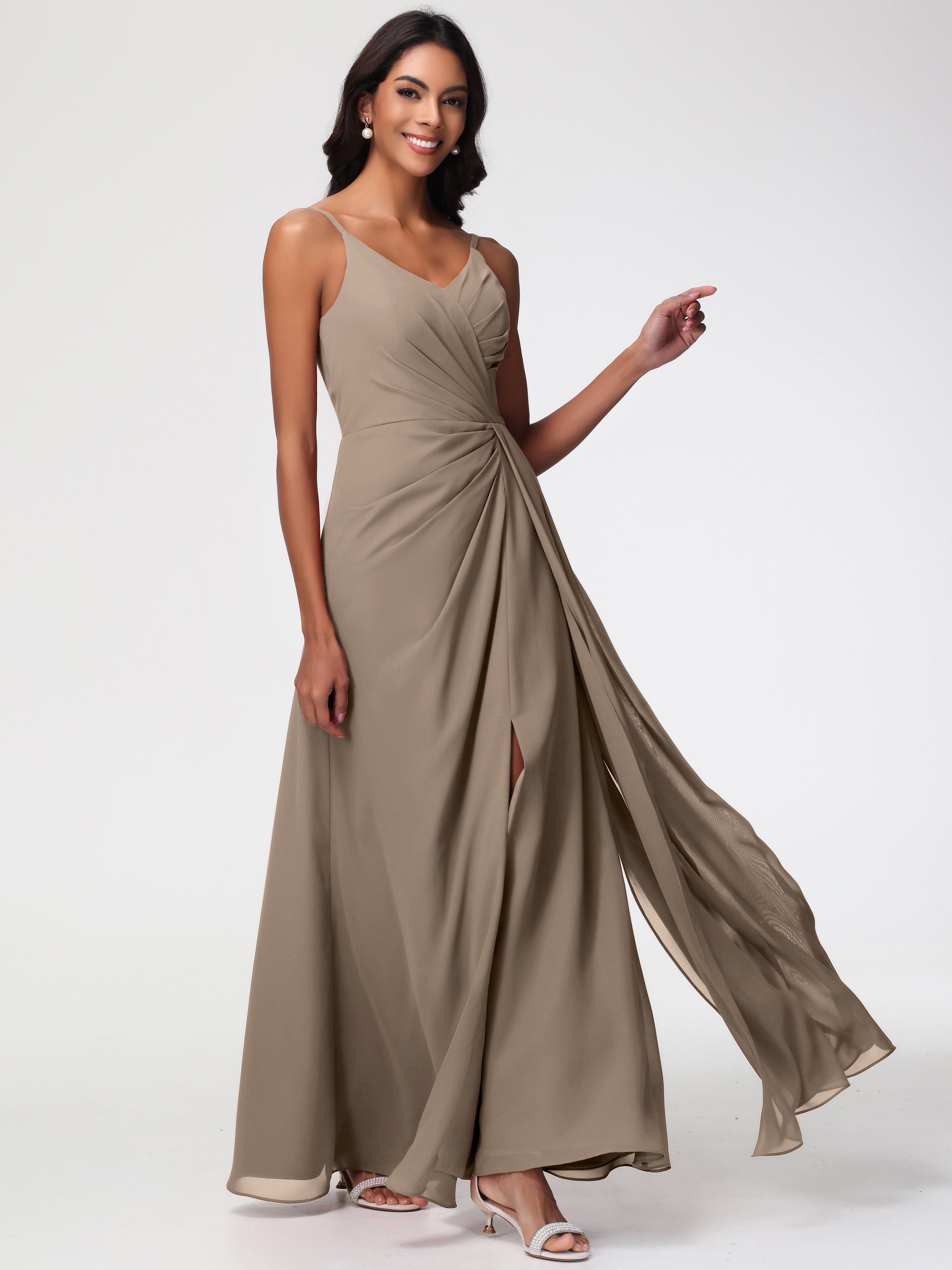 Taupe Colour Bridesmaid Dresses A-Line V-Neck Spaghetti Straps Ruched Chiffon Bridesmaid Dresses With Slit Taupe Colour Bridesmaid Dresses A-Line V-Neck Spaghetti Straps Ruched Chiffon Bridesmaid Dresses With Slit
