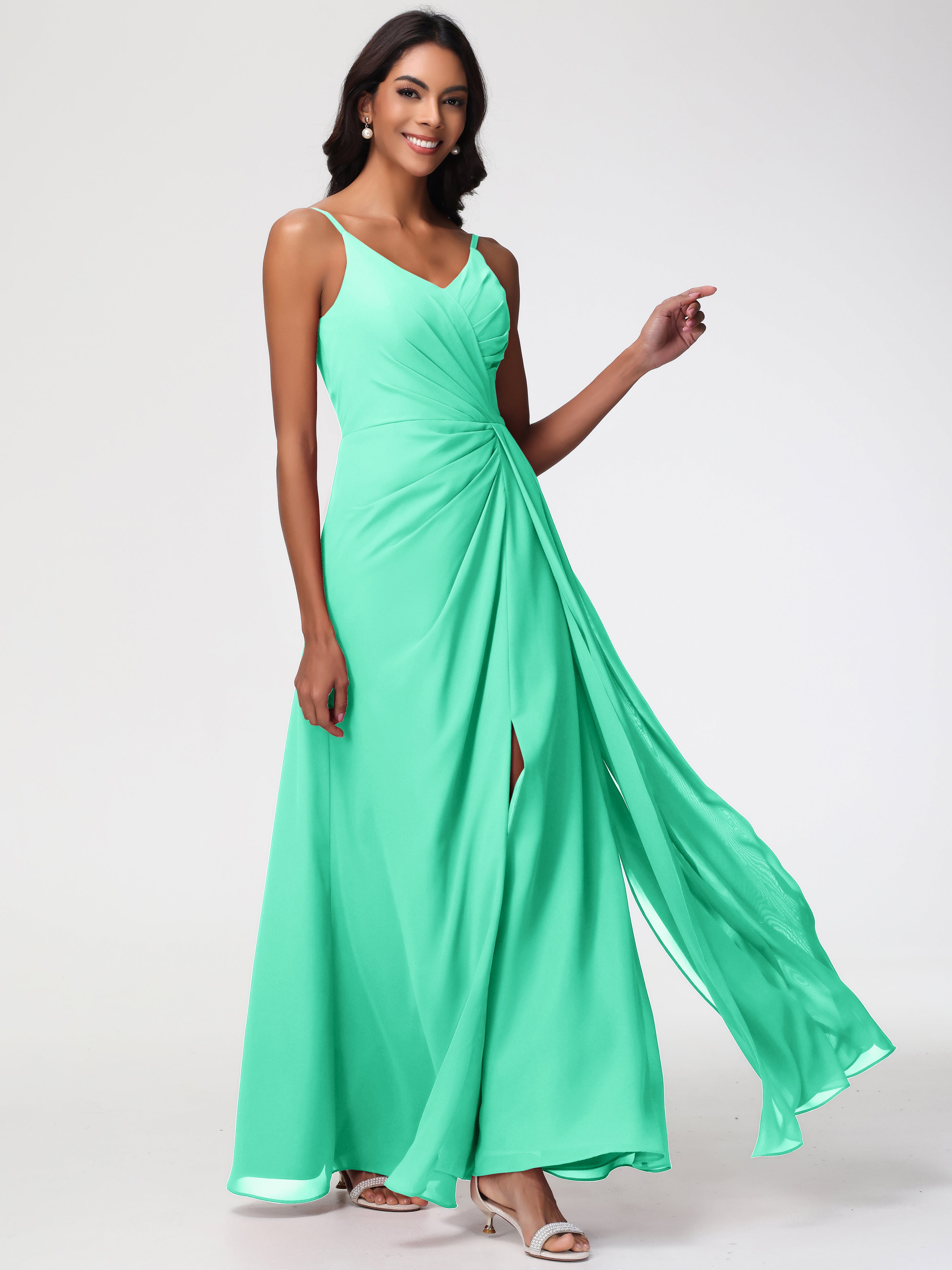 Dark Turquoise Bridesmaid Dresses A-Line V-Neck Spaghetti Straps Ruched Chiffon Bridesmaid Dresses With Slit Dark Turquoise Bridesmaid Dresses A-Line V-Neck Spaghetti Straps Ruched Chiffon Bridesmaid Dresses With Slit