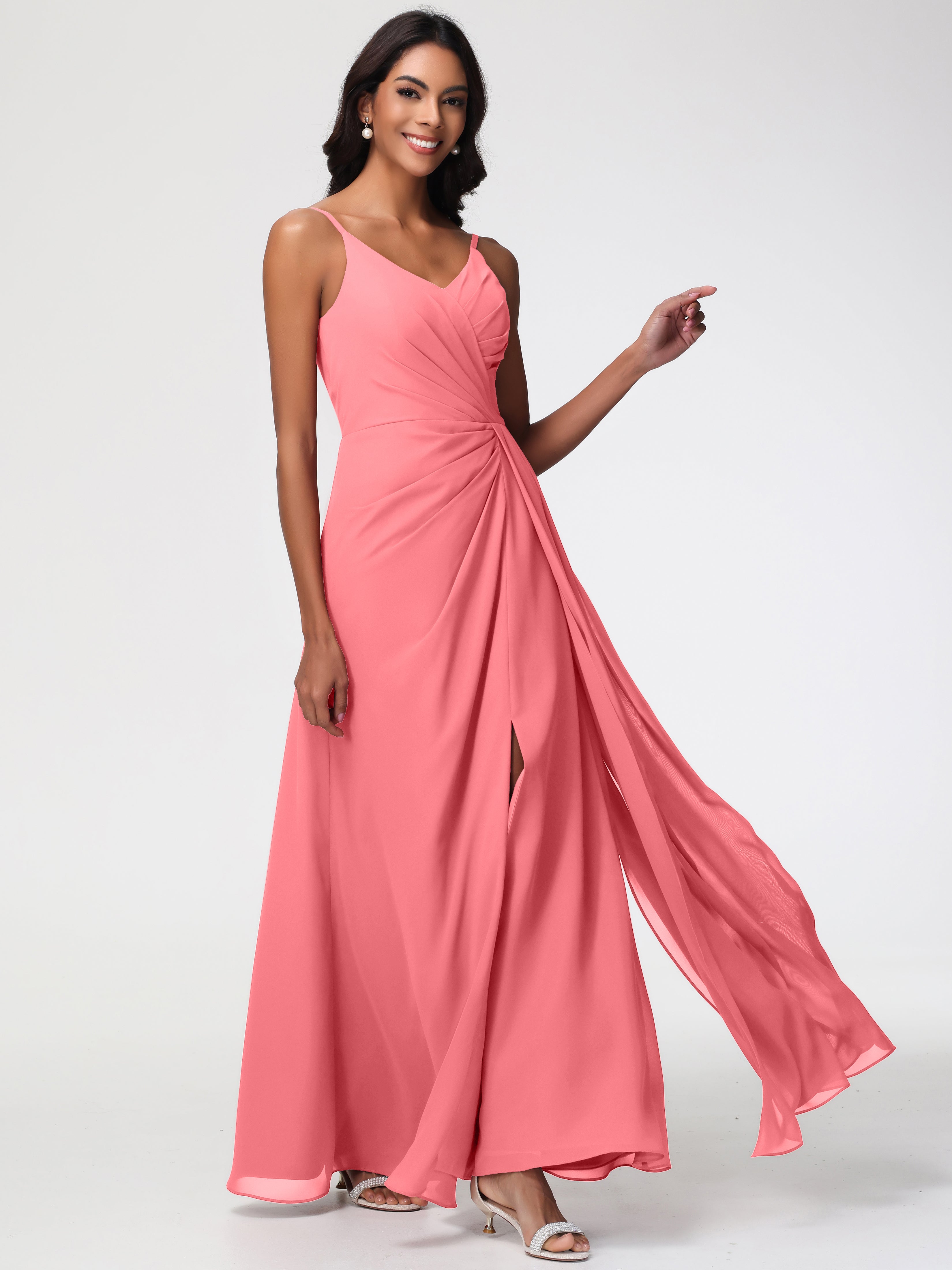 Bridesmaid Dress Watermelon A-Line V-Neck Spaghetti Straps Ruched Chiffon Bridesmaid Dresses With Slit Bridesmaid Dress Watermelon A-Line V-Neck Spaghetti Straps Ruched Chiffon Bridesmaid Dresses With Slit