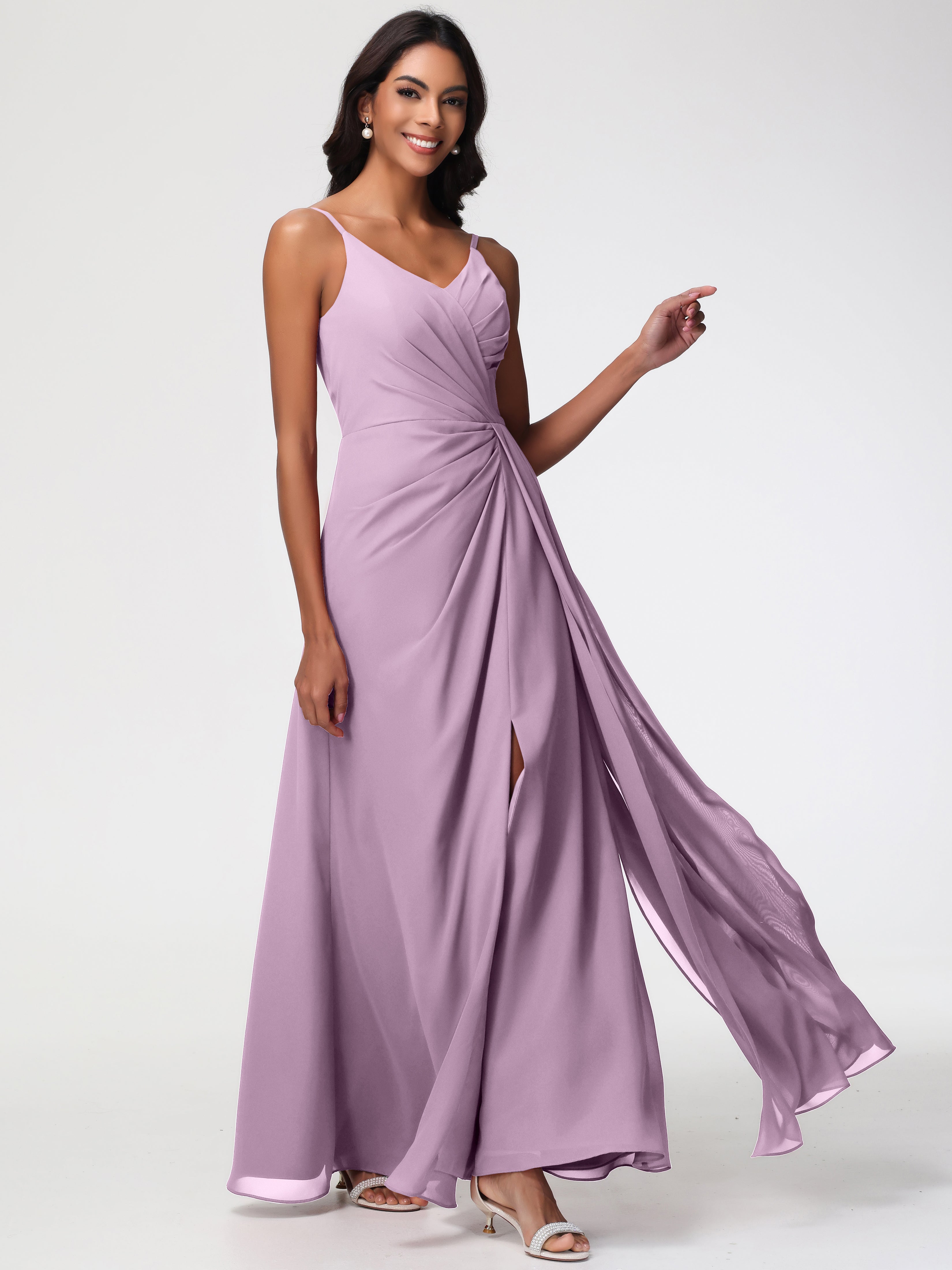 Wisteria Color Bridesmaid Dresses A-Line V-Neck Spaghetti Straps Ruched Chiffon Bridesmaid Dresses With Slit Wisteria Color Bridesmaid Dresses A-Line V-Neck Spaghetti Straps Ruched Chiffon Bridesmaid Dresses With Slit