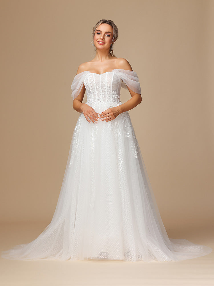 Off The Shoulder Lace Appliques Tulle Wedding Dress