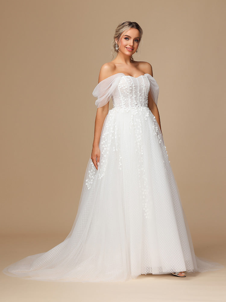 Off The Shoulder Lace Appliques Tulle Wedding Dress