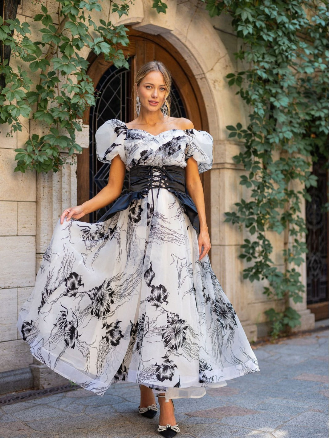 Retro Puffy Sleeve Sweetheart Floral Organza Two-piece Wedding Guest D