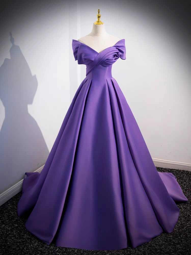 Purple V-Neck Ruched Ball Gown Off the Shoulder Satin Prom Dress Purple V-Neck Ruched Ball Gown Off the Shoulder Satin Prom Dress
