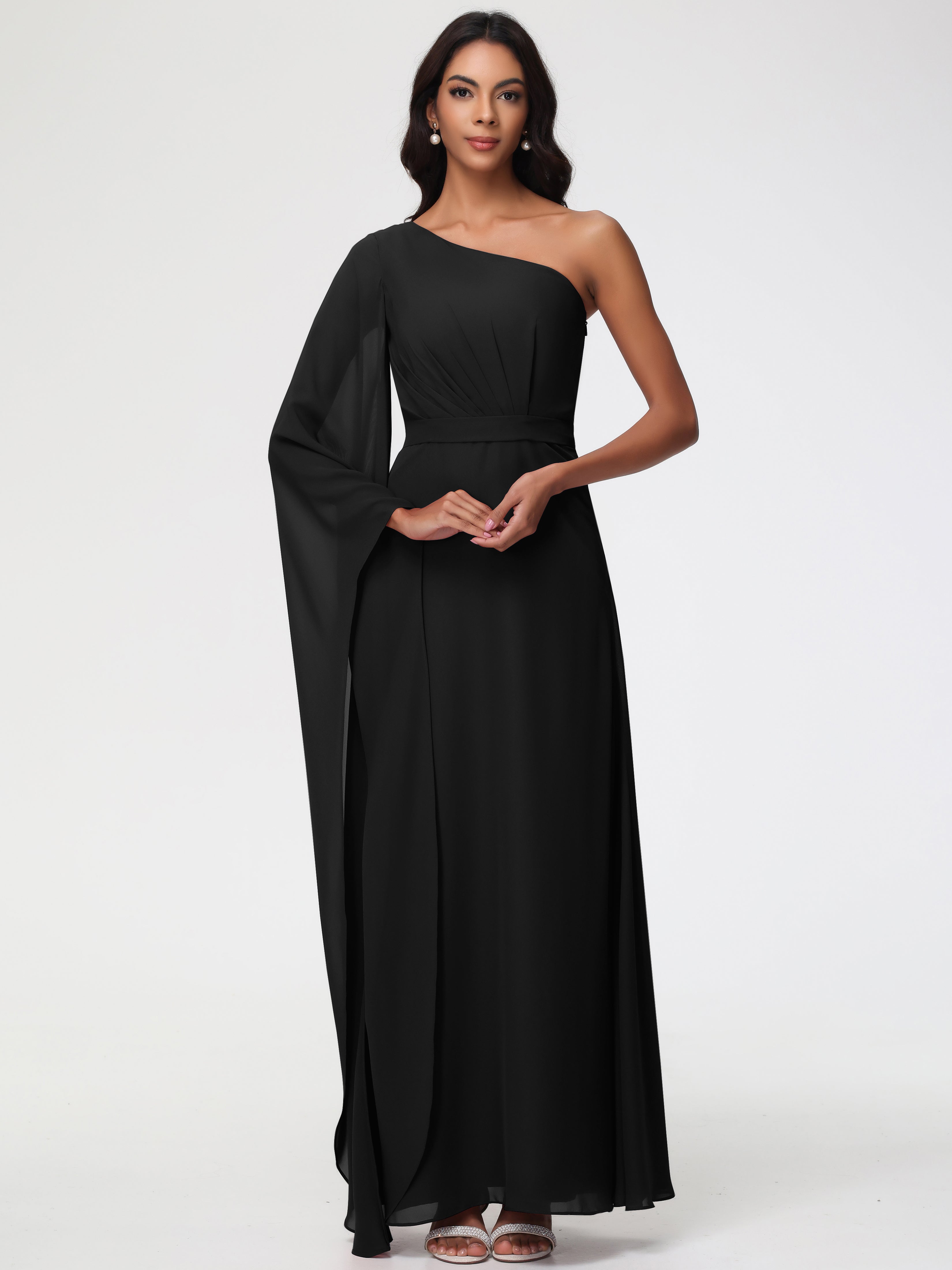 Bridesmaid Dress Black Flowy One Shoulder Long Sleeves Floor Length Chiffon Bridesmaid Dresses Bridesmaid Dress Black Flowy One Shoulder Long Sleeves Floor Length Chiffon Bridesmaid Dresses