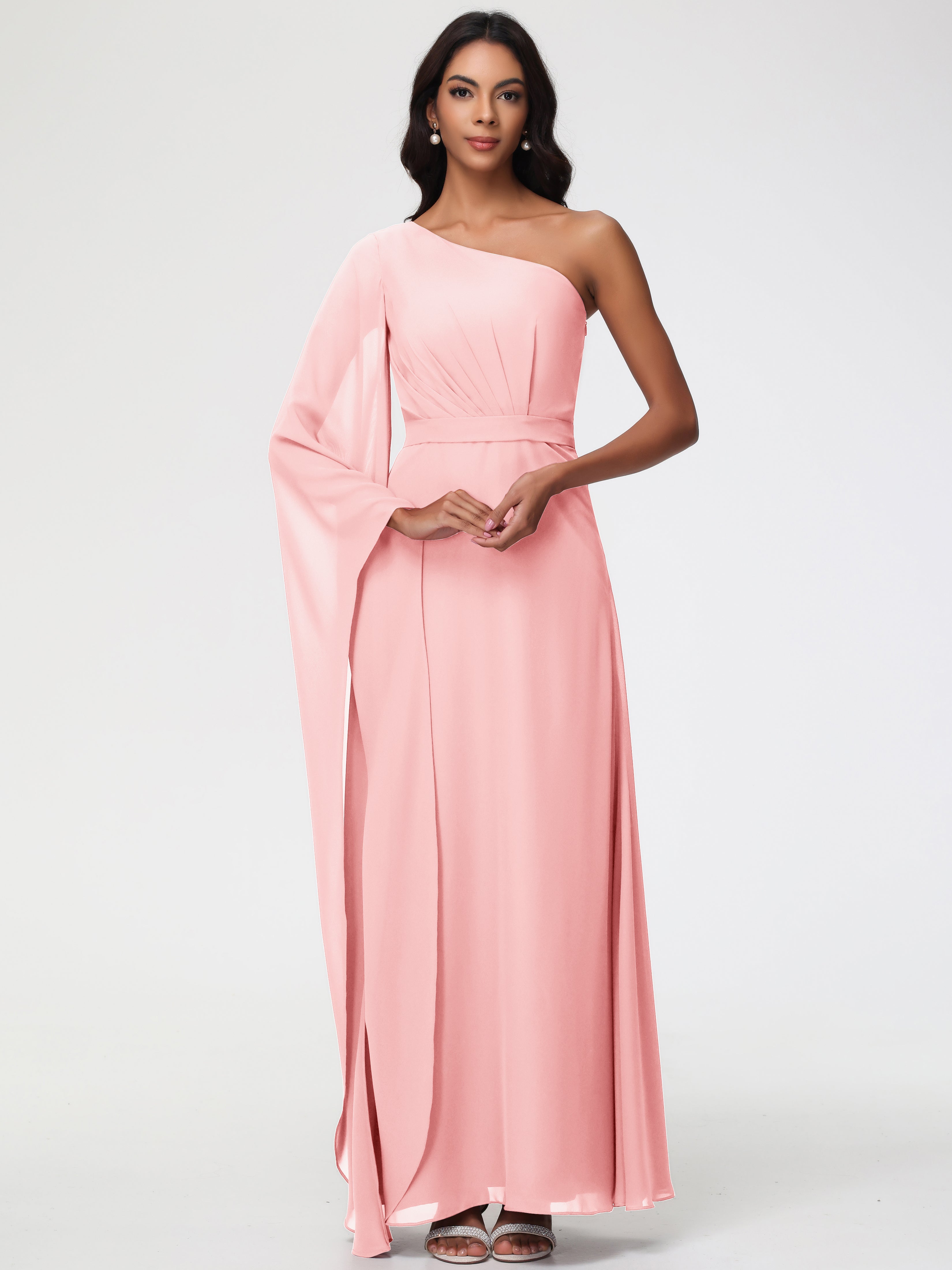 Blush One Shoulder Bridesmaid Dress Flowy Long Sleeves Floor Length Chiffon Bridesmaid Dresses Blush One Shoulder Bridesmaid Dress Flowy Long Sleeves Floor Length Chiffon Bridesmaid Dresses