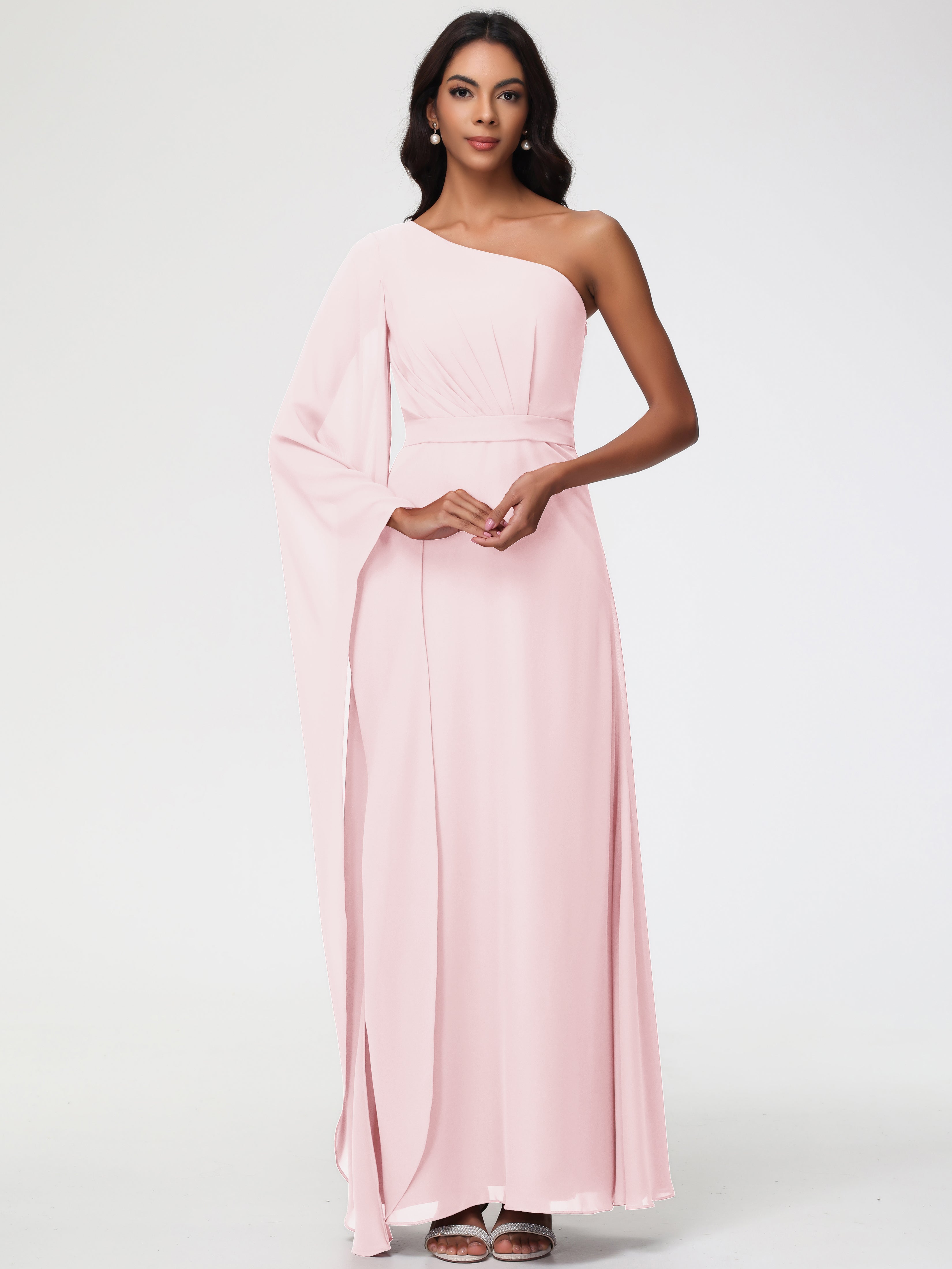 Bridesmaid Dresses Blush Pink Flowy One Shoulder Long Sleeves Floor Length Chiffon Bridesmaid Dresses Bridesmaid Dresses Blush Pink Flowy One Shoulder Long Sleeves Floor Length Chiffon Bridesmaid Dresses