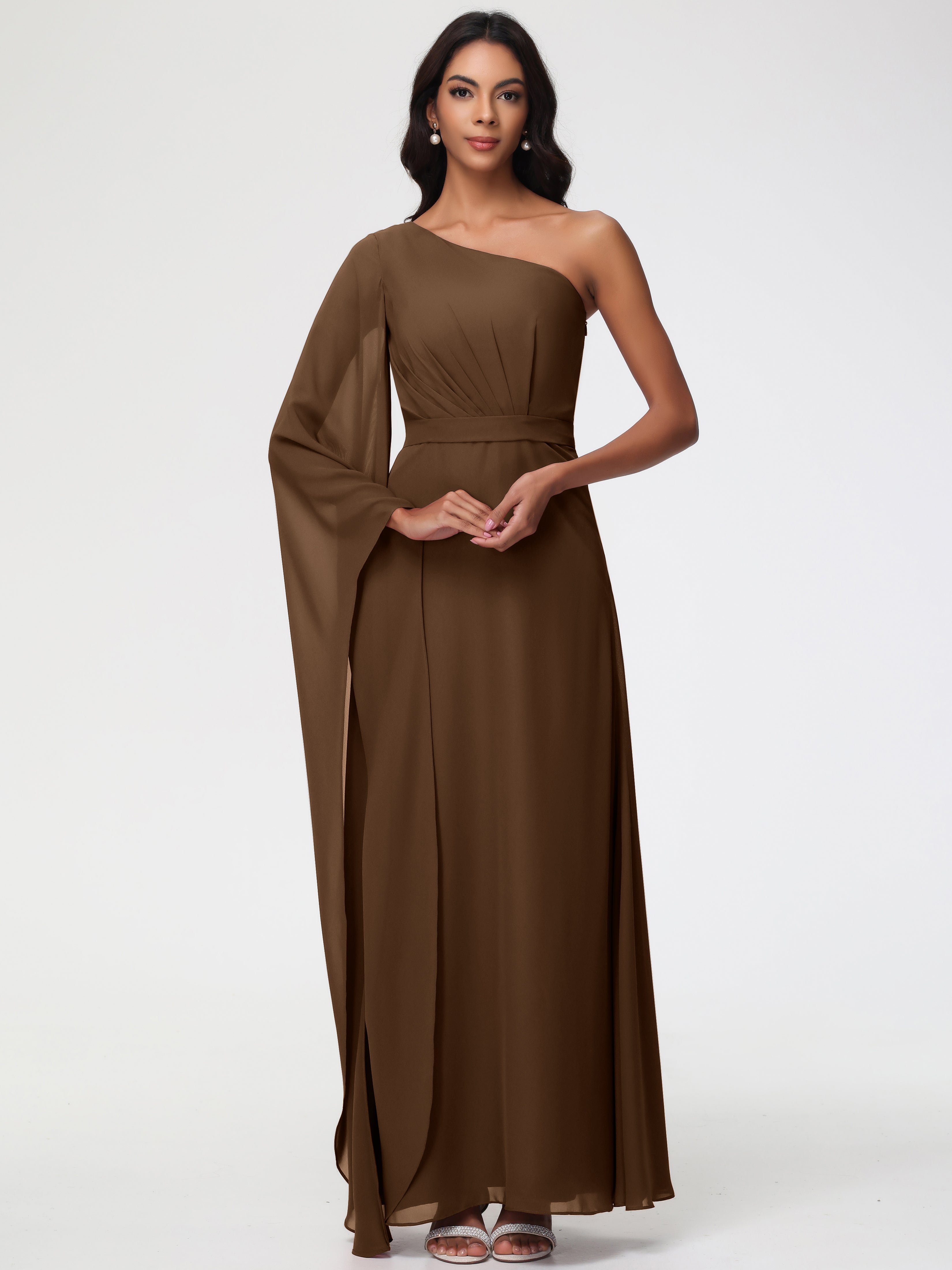 one shoulder chiffon sleeve dress Stacees Bridesmaid Dress A-line One-Shoulder Floor-Length Chiffon Pleated Ruffles