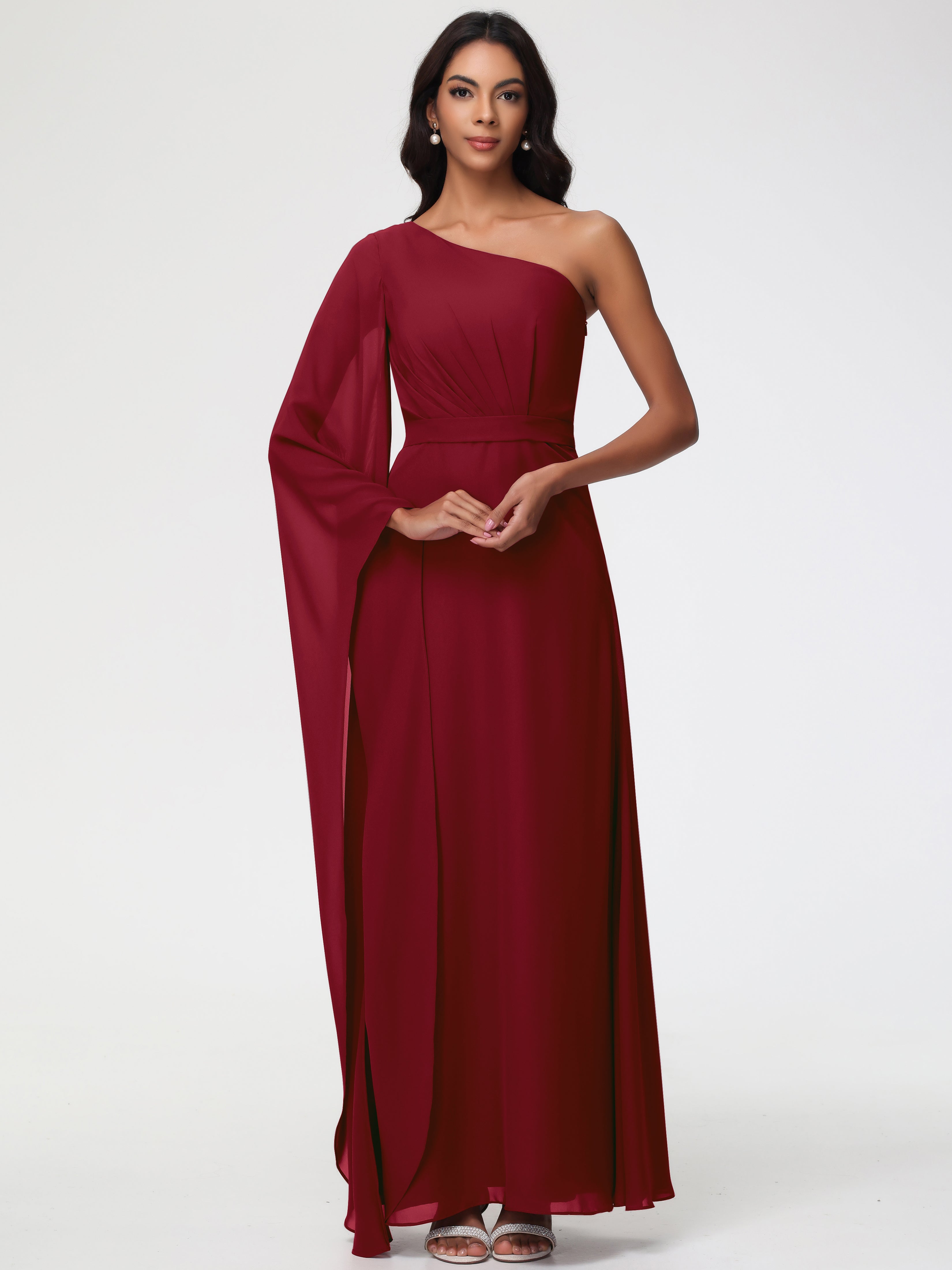 Bridesmaid Burgundy Dresses Flowy One Shoulder Long Sleeves Floor Length Chiffon Bridesmaid Dresses Bridesmaid Burgundy Dresses Flowy One Shoulder Long Sleeves Floor Length Chiffon Bridesmaid Dresses