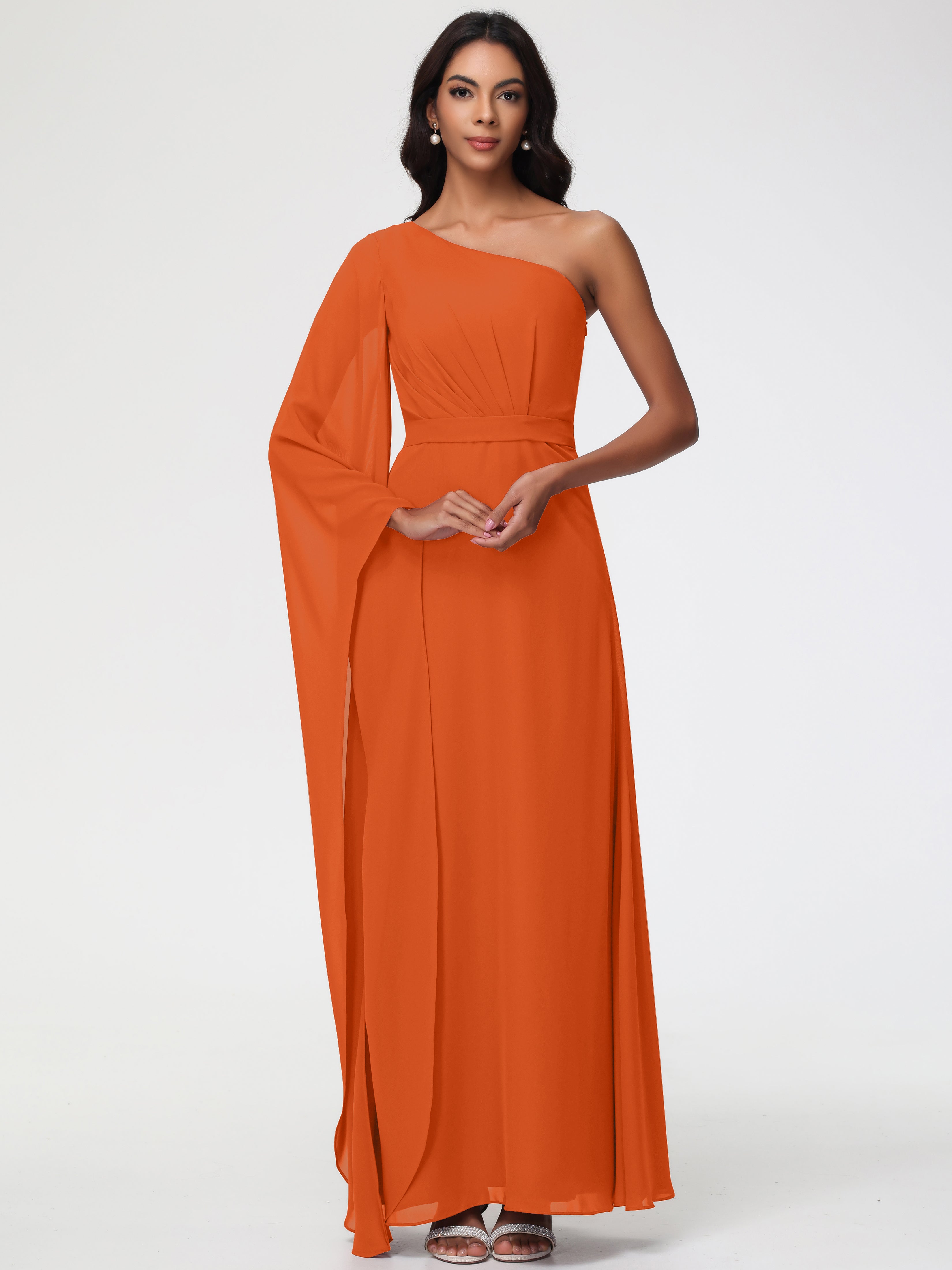 Burnt Orange Bridesmaid Dresses Flowy One Shoulder Long Sleeves Floor Length Chiffon Bridesmaid Dresses Burnt Orange Bridesmaid Dresses Flowy One Shoulder Long Sleeves Floor Length Chiffon Bridesmaid Dresses