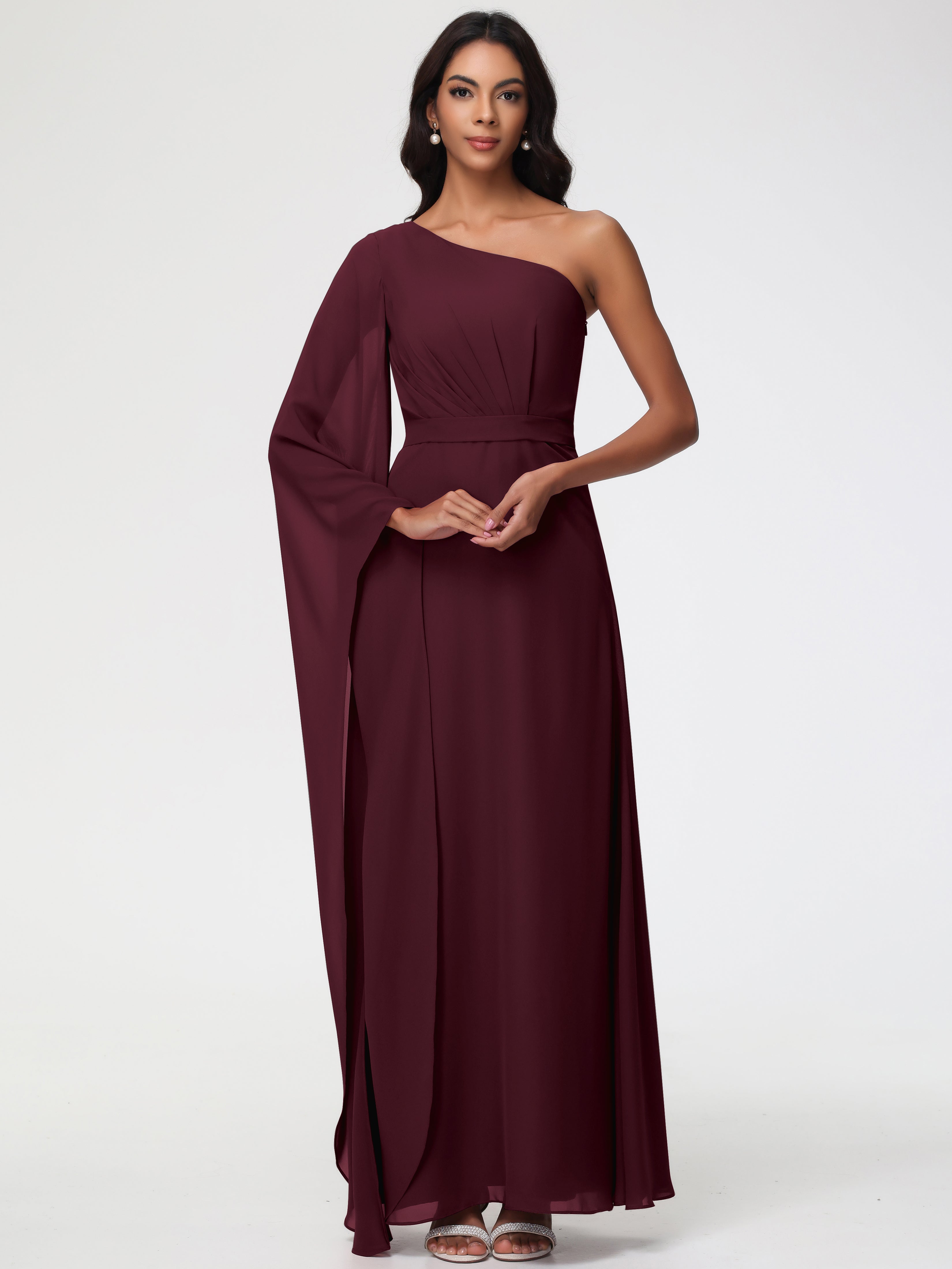 Cabernet Chiffon Bridesmaid Dress Flowy One Shoulder Long Sleeves Floor Length Chiffon Bridesmaid Dresses Cabernet Chiffon Bridesmaid Dress Flowy One Shoulder Long Sleeves Floor Length Chiffon Bridesmaid Dresses