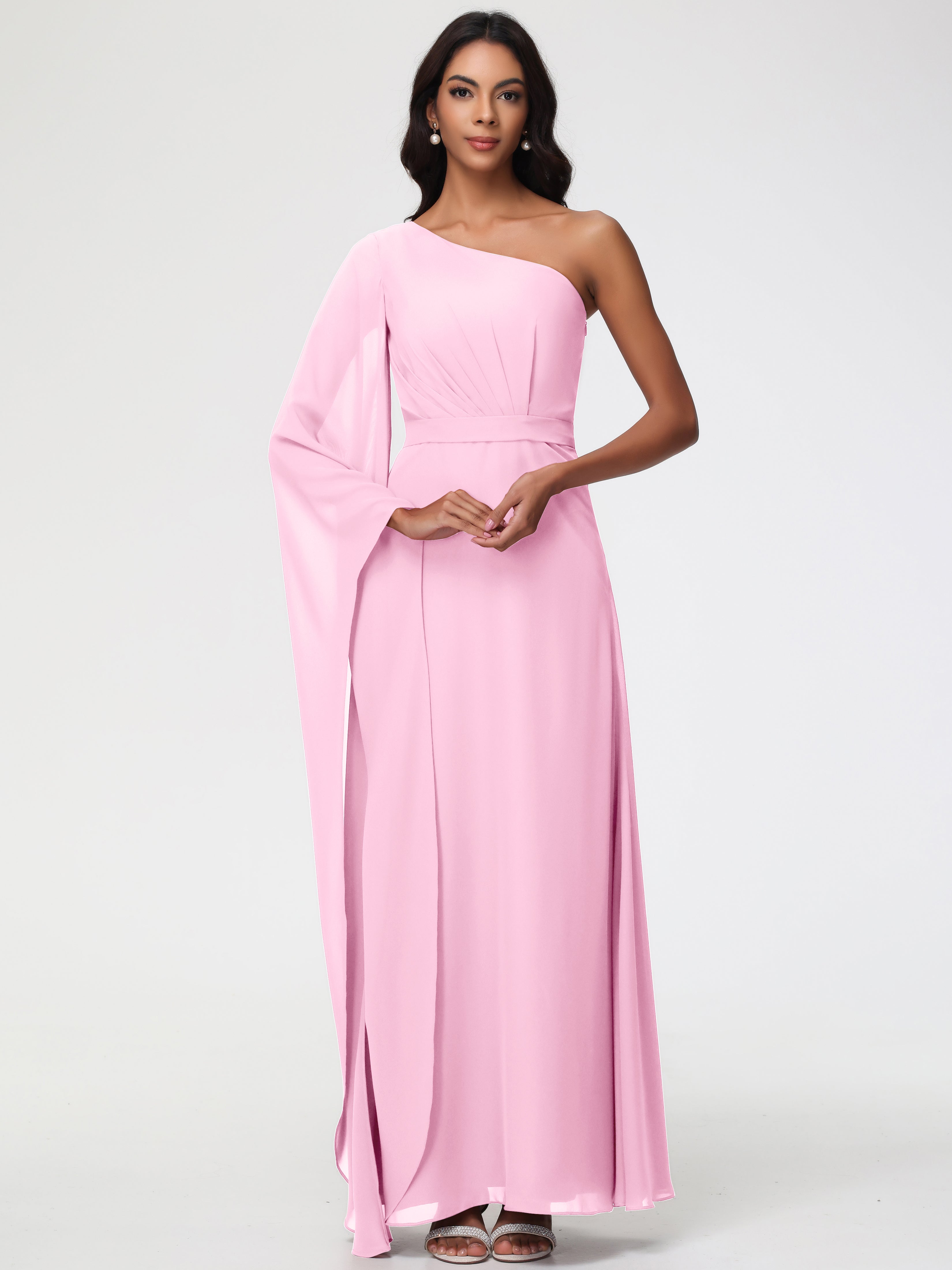 flowy pink dresses Bridesmaid Dresses Candy Pink Flowy One Shoulder Long Sleeves Floor Length Chiffon Bridesmaid Dresses