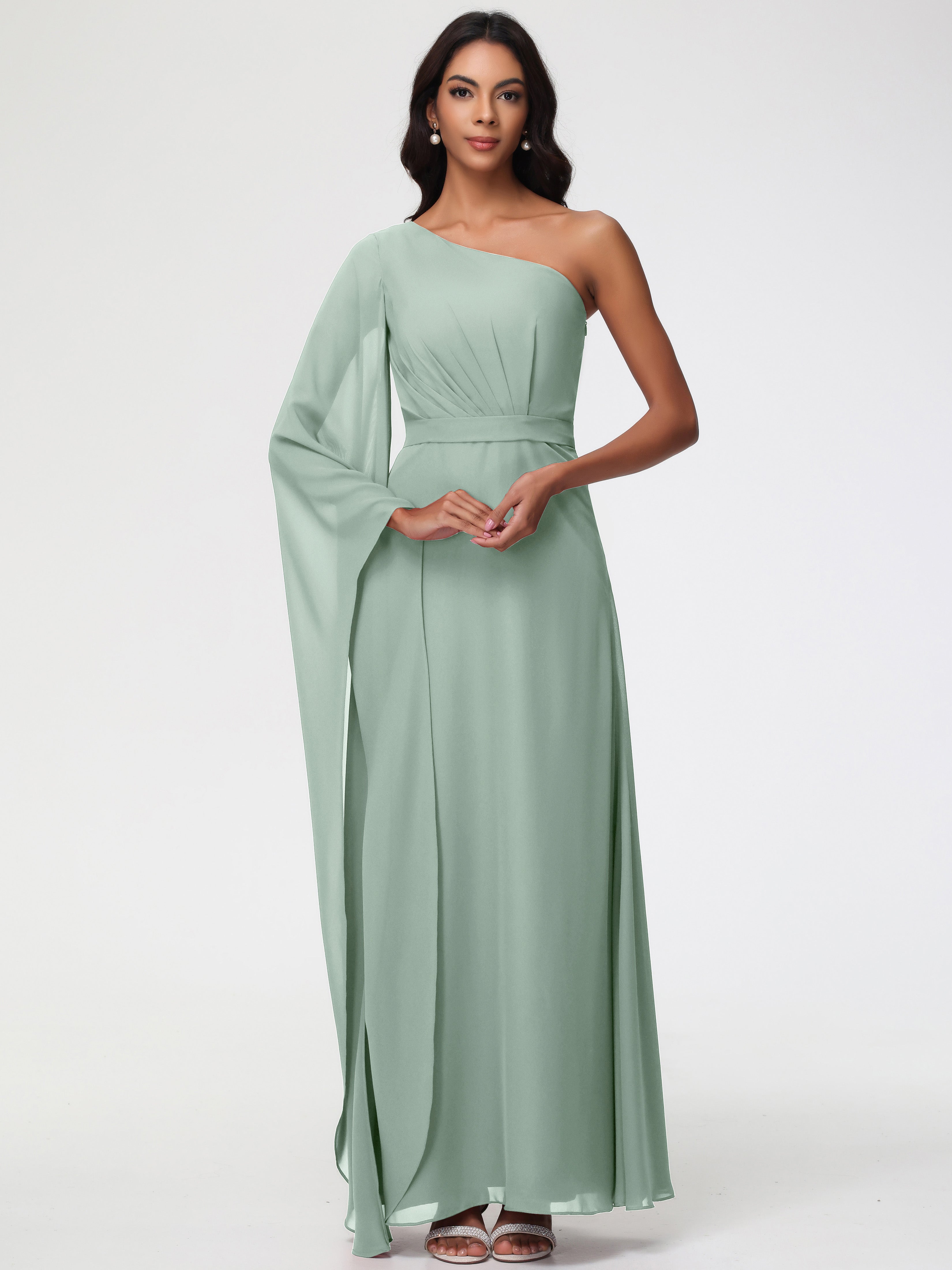Celadon Chiffon Bridesmaid Dress Flowy One Shoulder Long Sleeves Floor Length Chiffon Bridesmaid Dresses Celadon Chiffon Bridesmaid Dress Flowy One Shoulder Long Sleeves Floor Length Chiffon Bridesmaid Dresses
