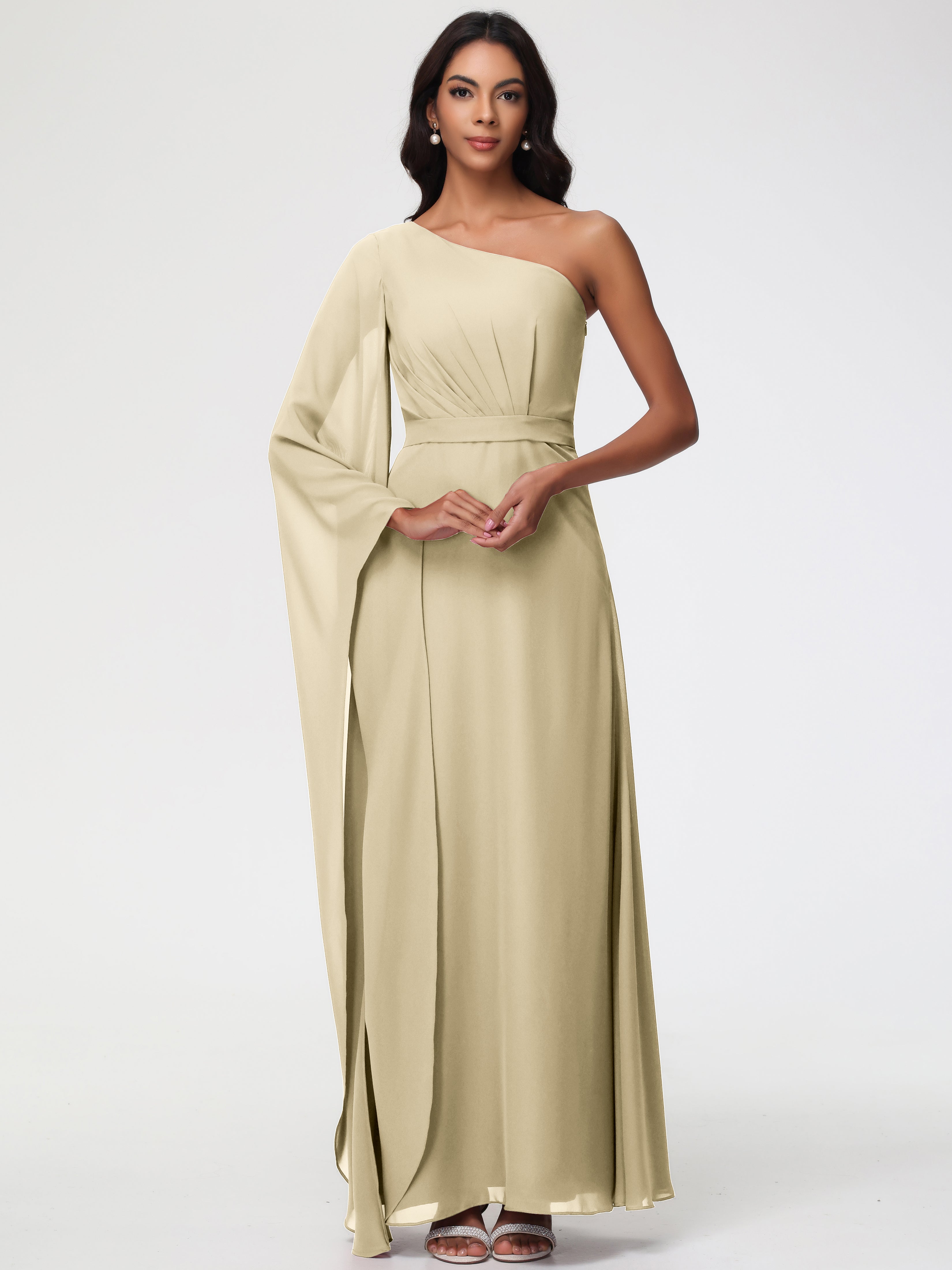 Champagne Dresses Bridesmaid Flowy One Shoulder Long Sleeves Floor Length Chiffon Bridesmaid Dresses Champagne Dresses Bridesmaid Flowy One Shoulder Long Sleeves Floor Length Chiffon Bridesmaid Dresses