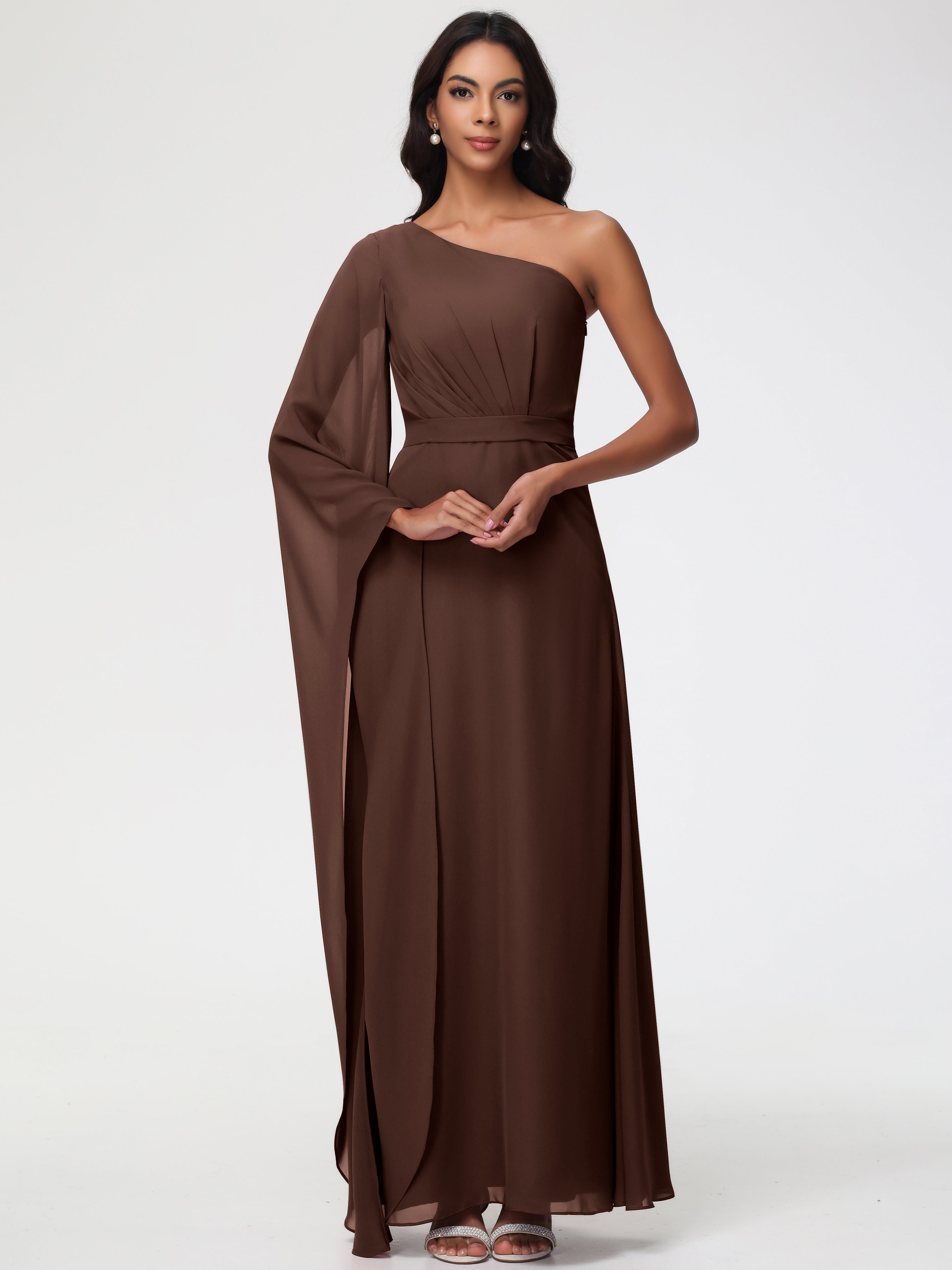 Bridesmaid Dress Chocolate Flowy One Shoulder Long Sleeves Floor Length Chiffon Bridesmaid Dresses Bridesmaid Dress Chocolate Flowy One Shoulder Long Sleeves Floor Length Chiffon Bridesmaid Dresses
