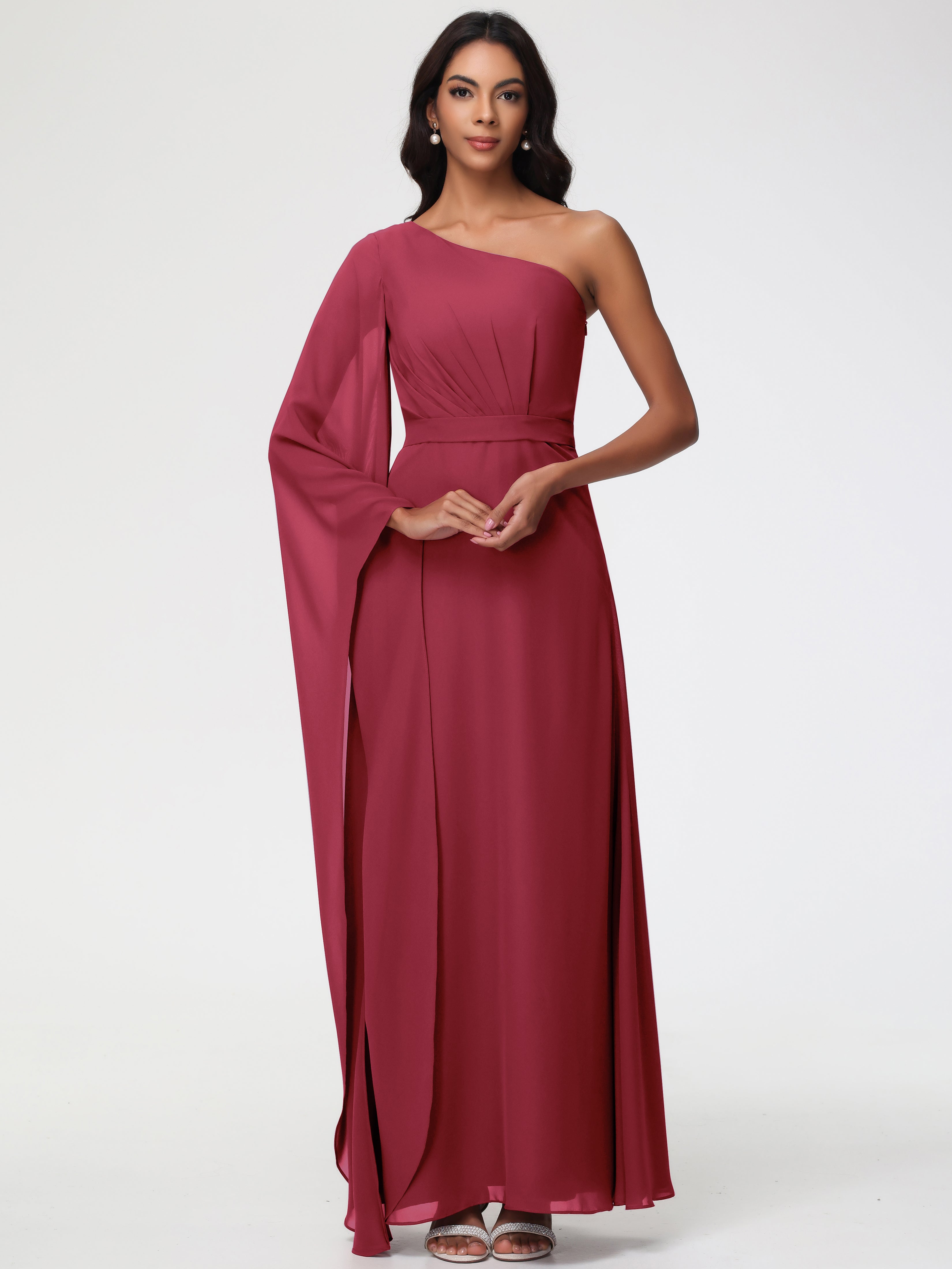 Cinnamon Rose Bridesmaid Flowy One Shoulder Long Sleeves Floor Length Chiffon Bridesmaid Dresses Cinnamon Rose Bridesmaid Flowy One Shoulder Long Sleeves Floor Length Chiffon Bridesmaid Dresses