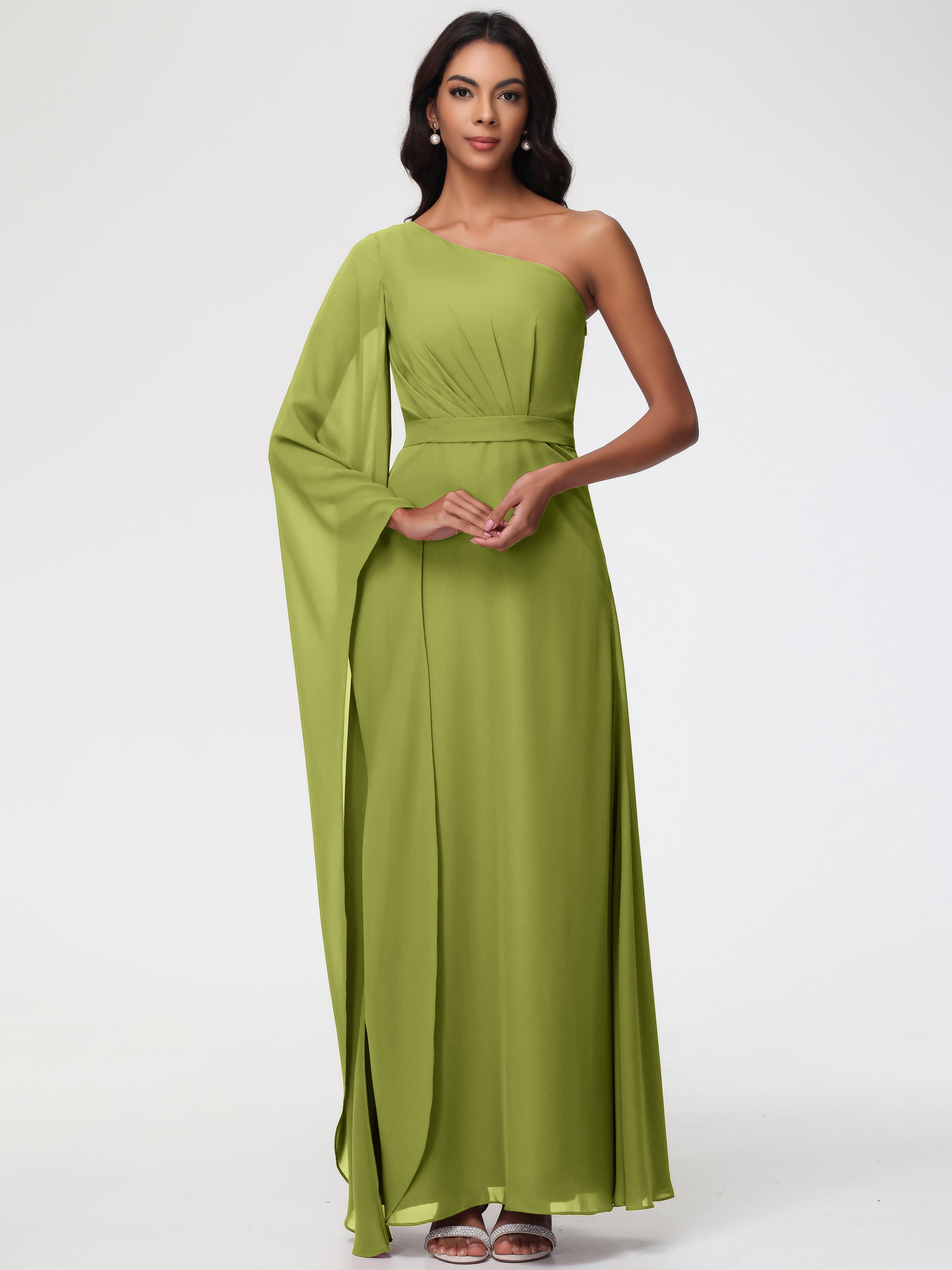 Clover Bridesmaid Flowy One Shoulder Long Sleeves Floor Length Chiffon Bridesmaid Dresses Clover Bridesmaid Flowy One Shoulder Long Sleeves Floor Length Chiffon Bridesmaid Dresses
