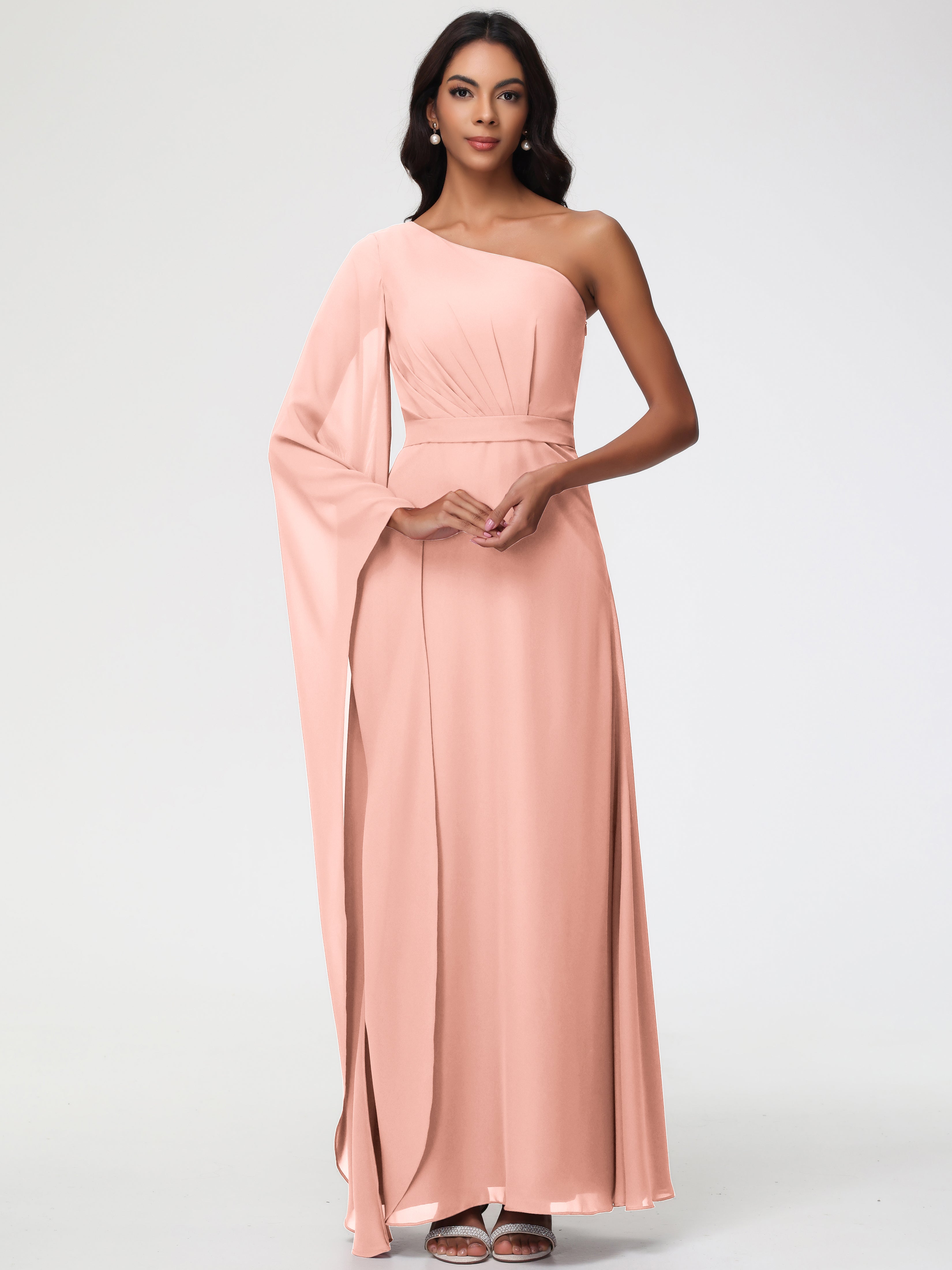 Bridesmaid Dress Coral Flowy One Shoulder Long Sleeves Floor Length Chiffon Bridesmaid Dresses Bridesmaid Dress Coral Flowy One Shoulder Long Sleeves Floor Length Chiffon Bridesmaid Dresses