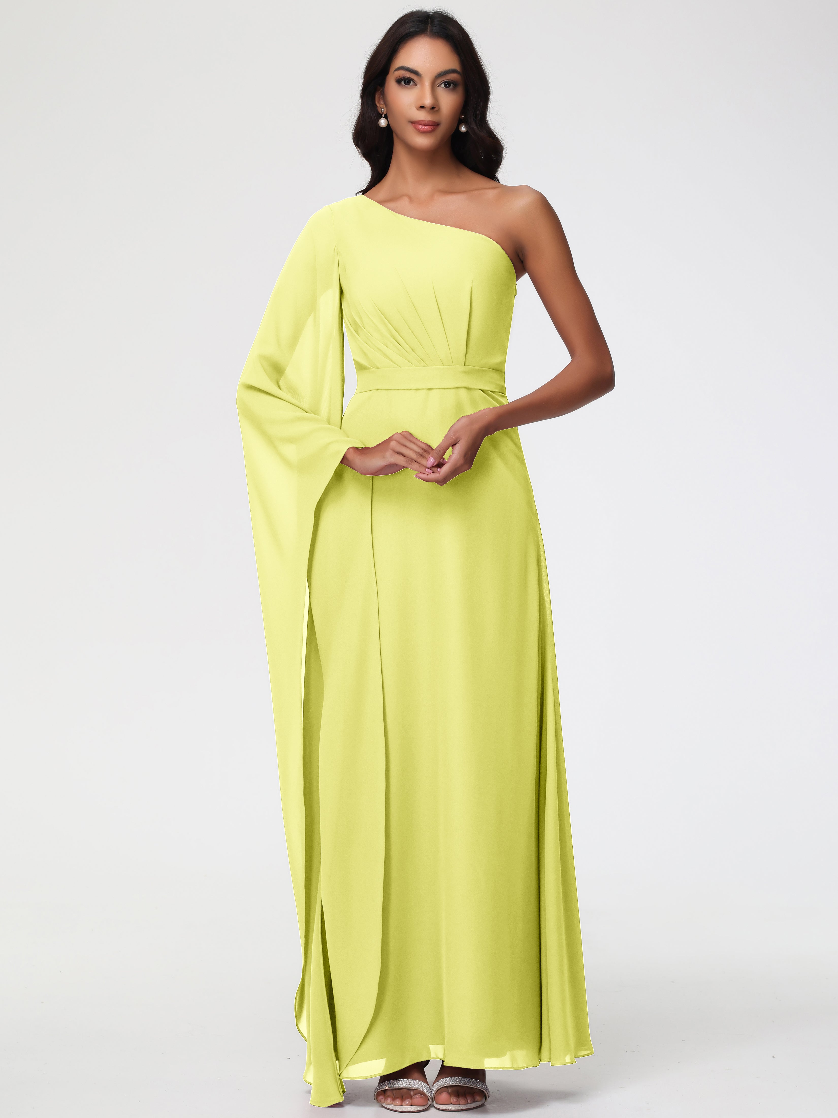 Daffodil Bridesmaid Dress Flowy One Shoulder Long Sleeves Floor Length Chiffon Bridesmaid Dresses Daffodil Bridesmaid Dress Flowy One Shoulder Long Sleeves Floor Length Chiffon Bridesmaid Dresses