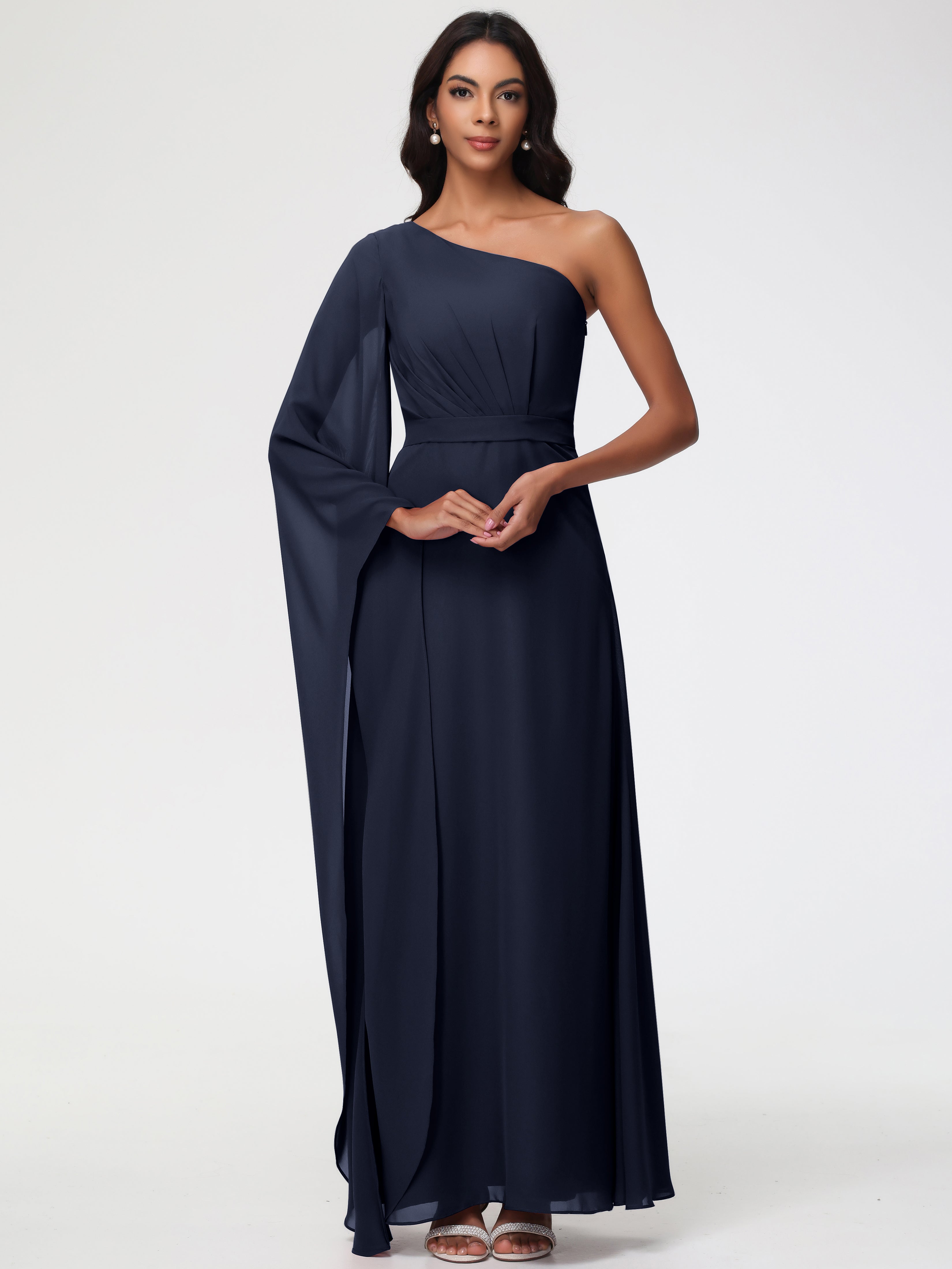 Dark Navy Bridesmaid Dresses Flowy One Shoulder Long Sleeves Floor Length Chiffon Bridesmaid Dresses Dark Navy Bridesmaid Dresses Flowy One Shoulder Long Sleeves Floor Length Chiffon Bridesmaid Dresses