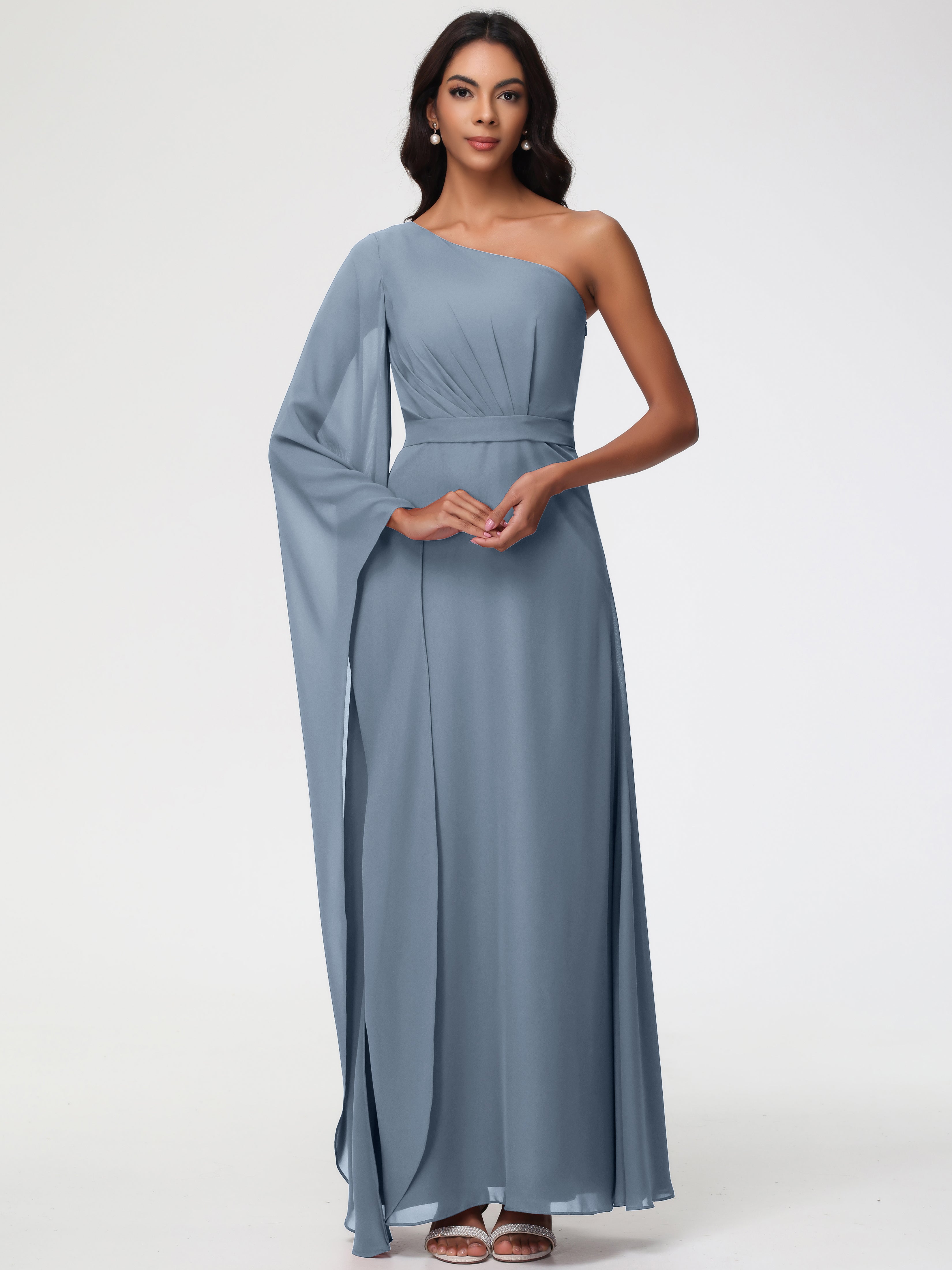Dusty Blue One Shoulder Bridesmaid Dresses Flowy One Shoulder Long Sleeves Floor Length Chiffon Bridesmaid Dresses Dusty Blue One Shoulder Bridesmaid Dresses Flowy One Shoulder Long Sleeves Floor Length Chiffon Bridesmaid Dresses