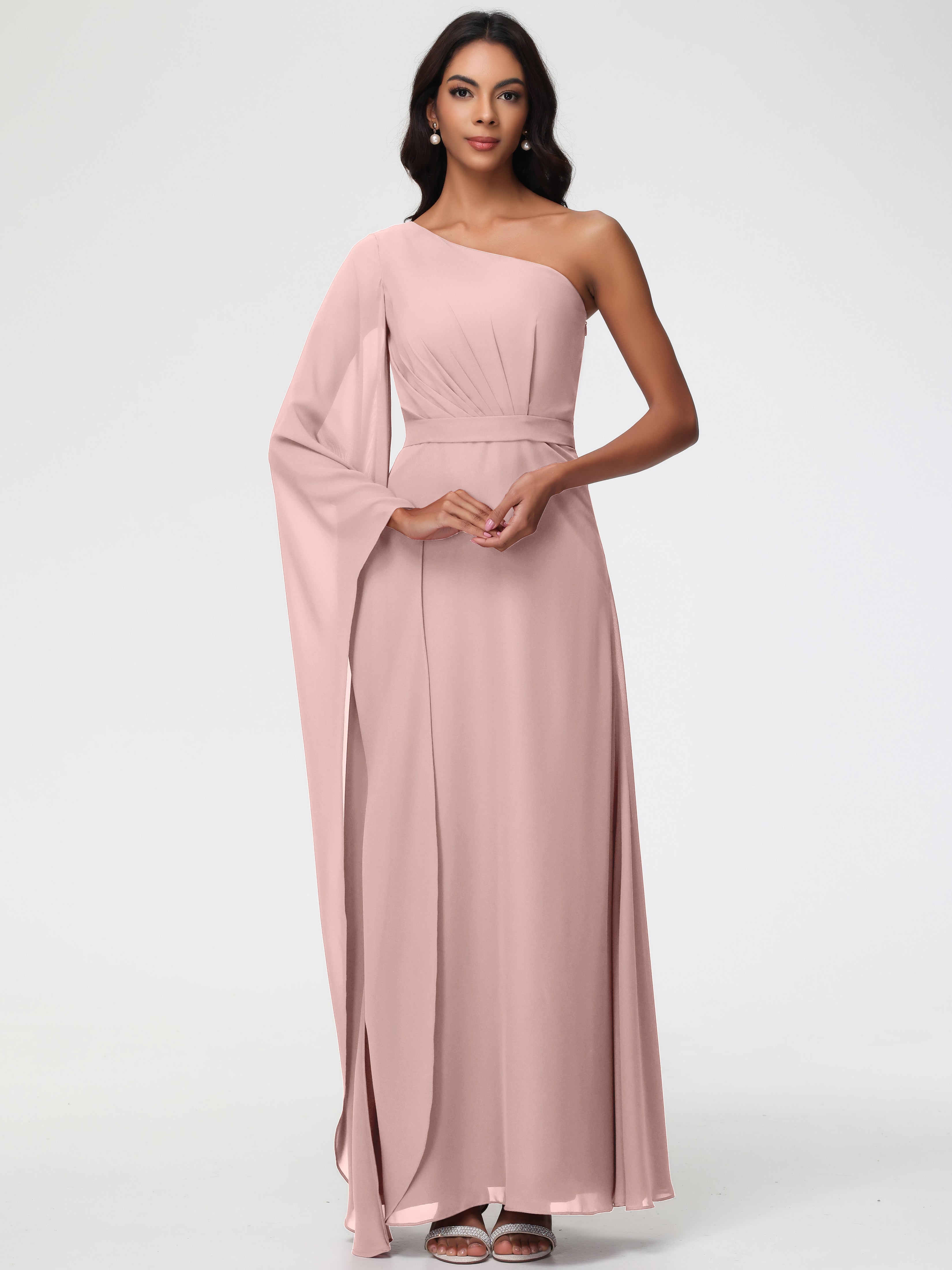 Bridesmaids Dresses Dusty Rose Flowy One Shoulder Long Sleeves Floor Length Chiffon Bridesmaid Dresses Bridesmaids Dresses Dusty Rose Flowy One Shoulder Long Sleeves Floor Length Chiffon Bridesmaid Dresses