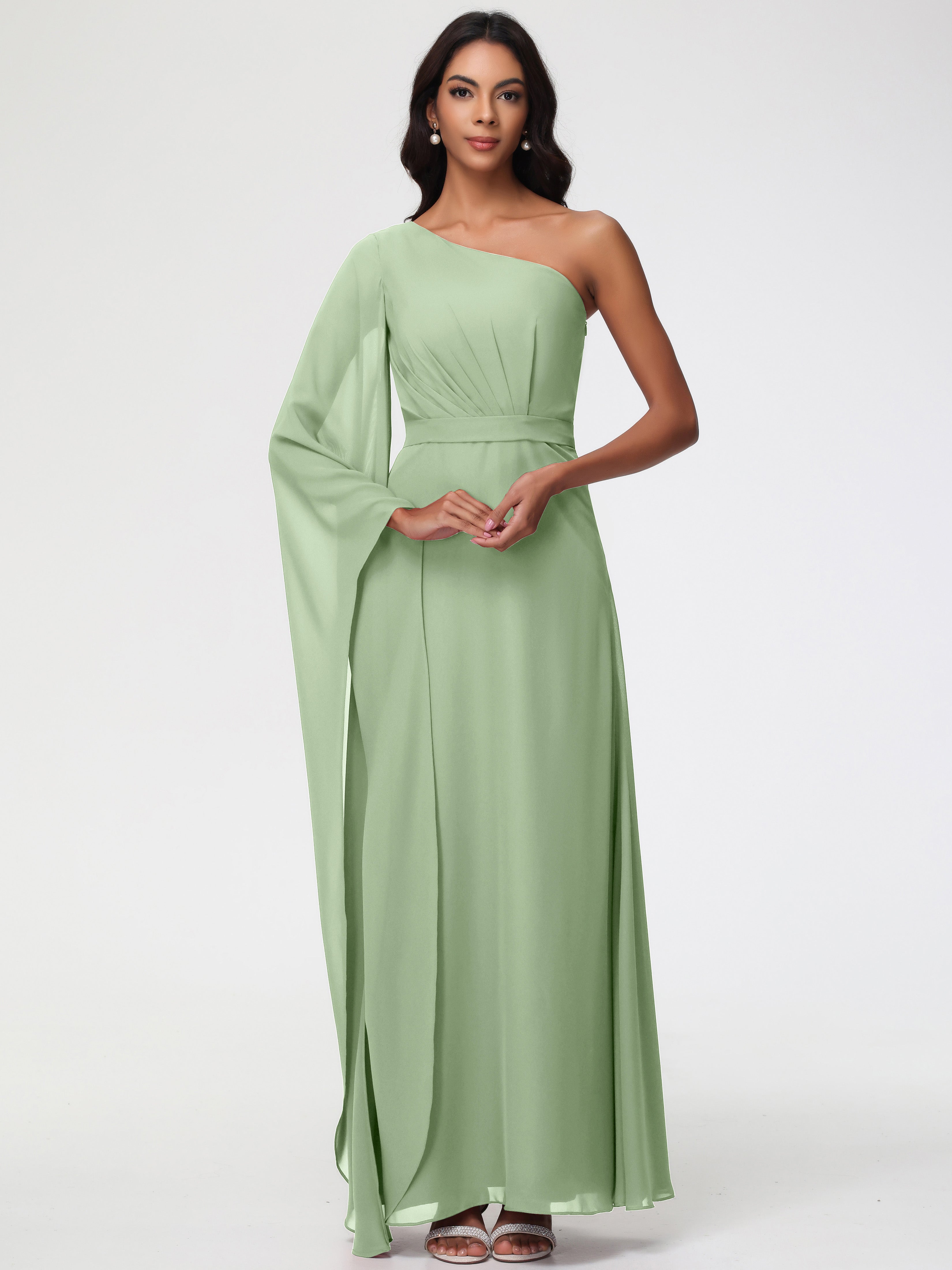 Dusty Sage Chiffon Bridesmaid Dresses Flowy One Shoulder Long Sleeves Floor Length Chiffon Bridesmaid Dresses Dusty Sage Chiffon Bridesmaid Dresses Flowy One Shoulder Long Sleeves Floor Length Chiffon Bridesmaid Dresses