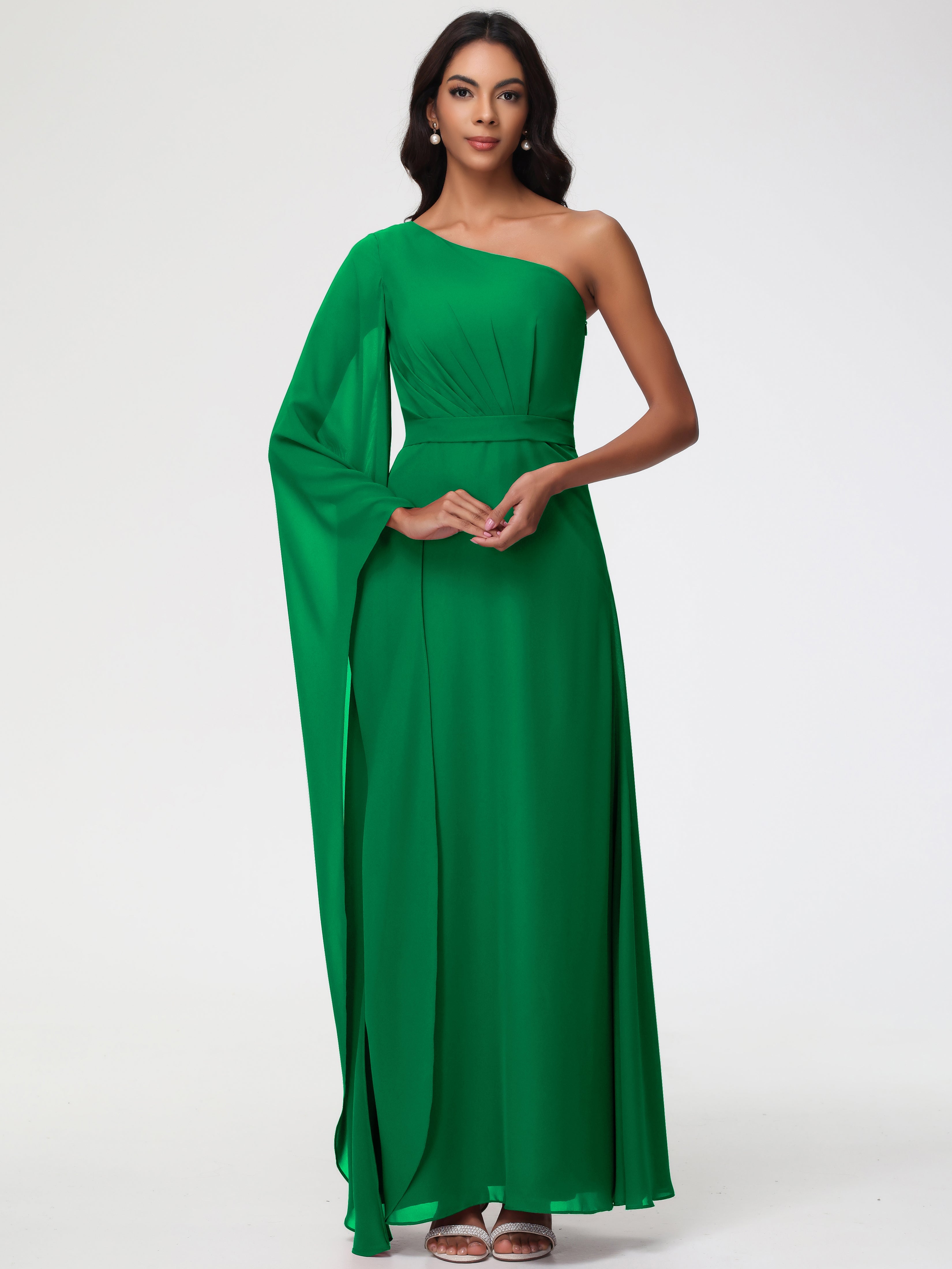 Emerald Bridesmaid Flowy One Shoulder Long Sleeves Floor Length Chiffon Bridesmaid Dresses Emerald Bridesmaid Flowy One Shoulder Long Sleeves Floor Length Chiffon Bridesmaid Dresses