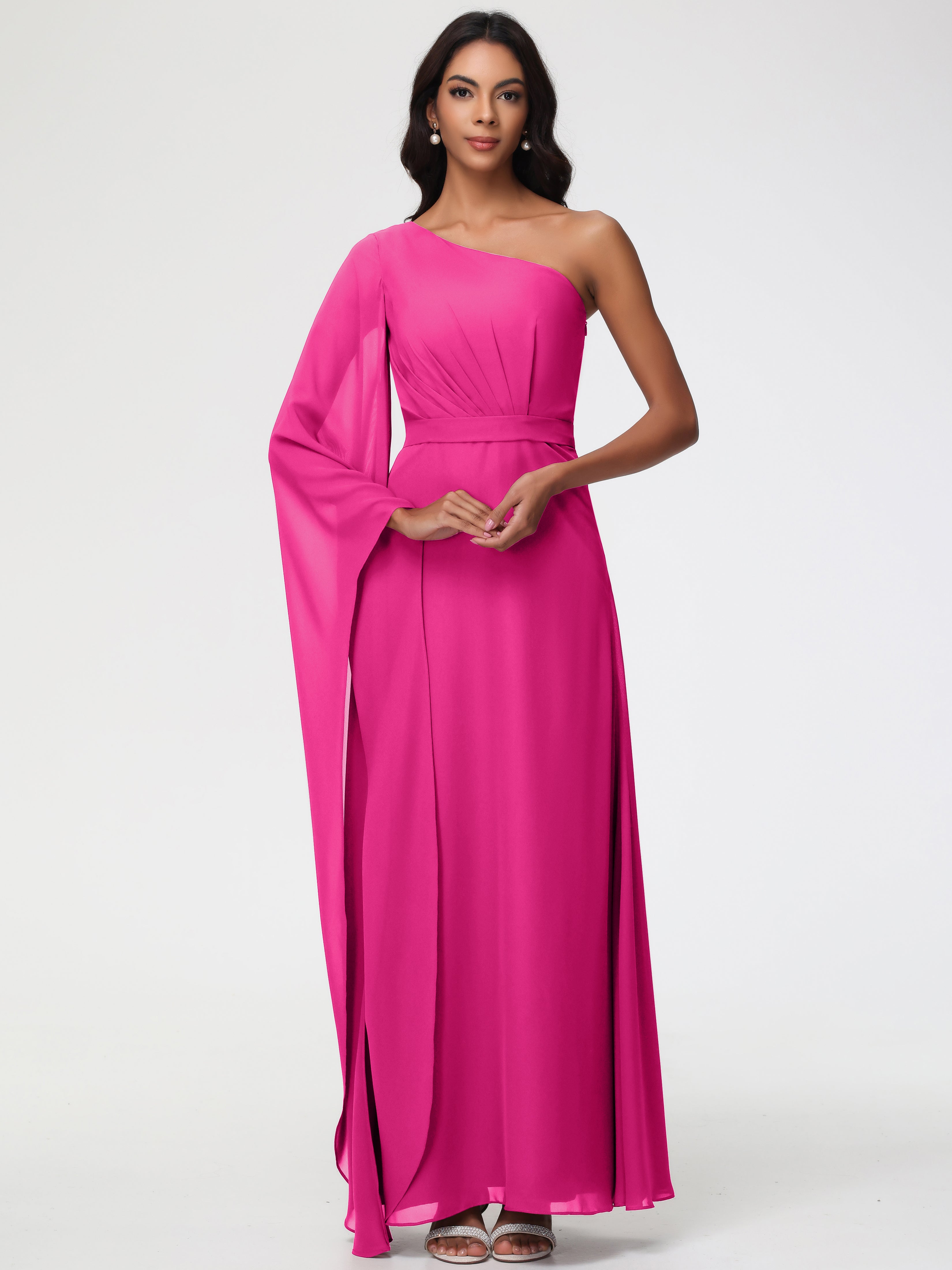 Fuchsia Dress Bridesmaid Flowy One Shoulder Long Sleeves Floor Length Chiffon Bridesmaid Dresses Fuchsia Dress Bridesmaid Flowy One Shoulder Long Sleeves Floor Length Chiffon Bridesmaid Dresses