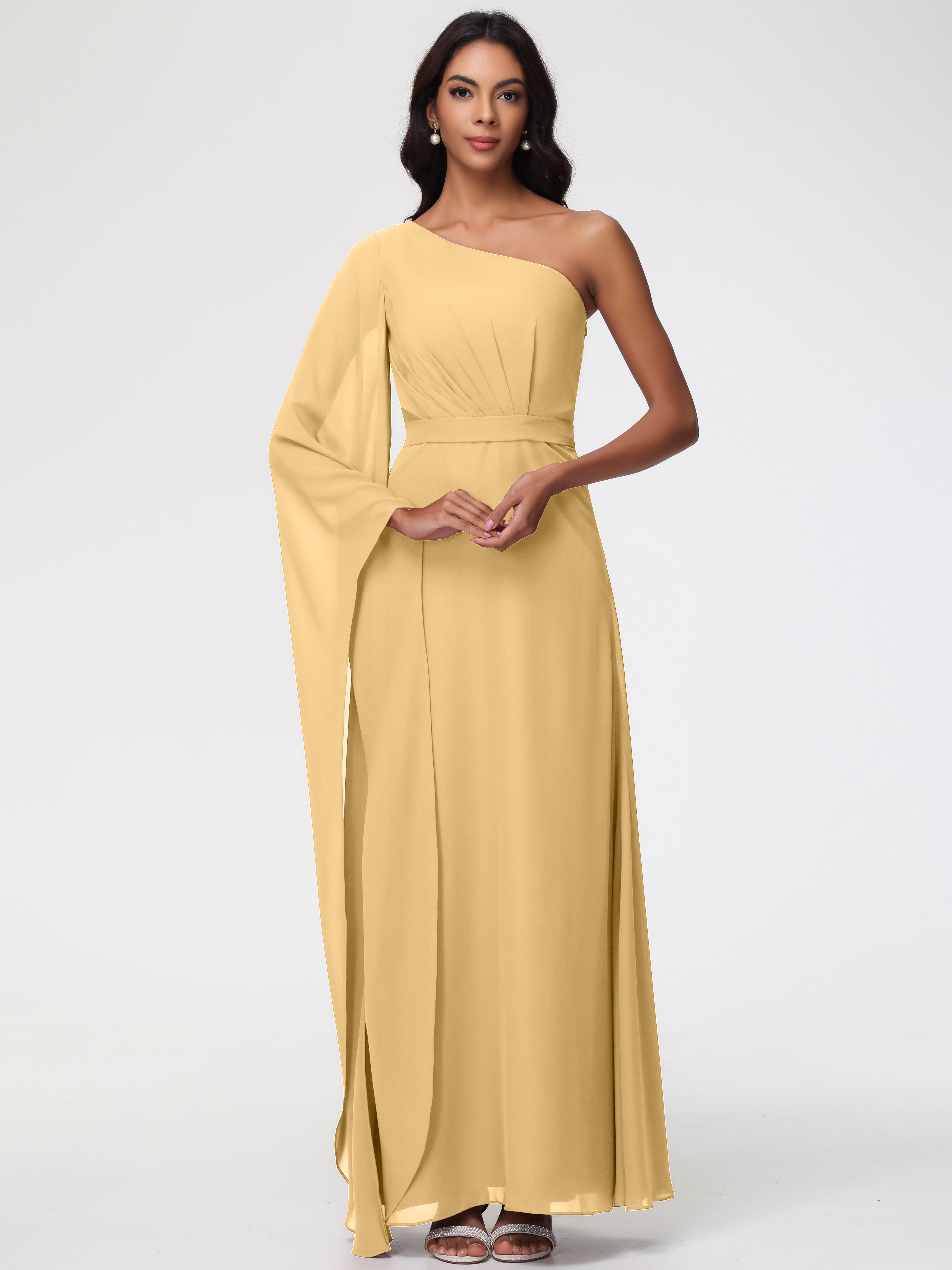 Gold Yellow Bridesmaid Dresses Flowy One Shoulder Long Sleeves Floor Length Chiffon Bridesmaid Dresses Gold Yellow Bridesmaid Dresses Flowy One Shoulder Long Sleeves Floor Length Chiffon Bridesmaid Dresses