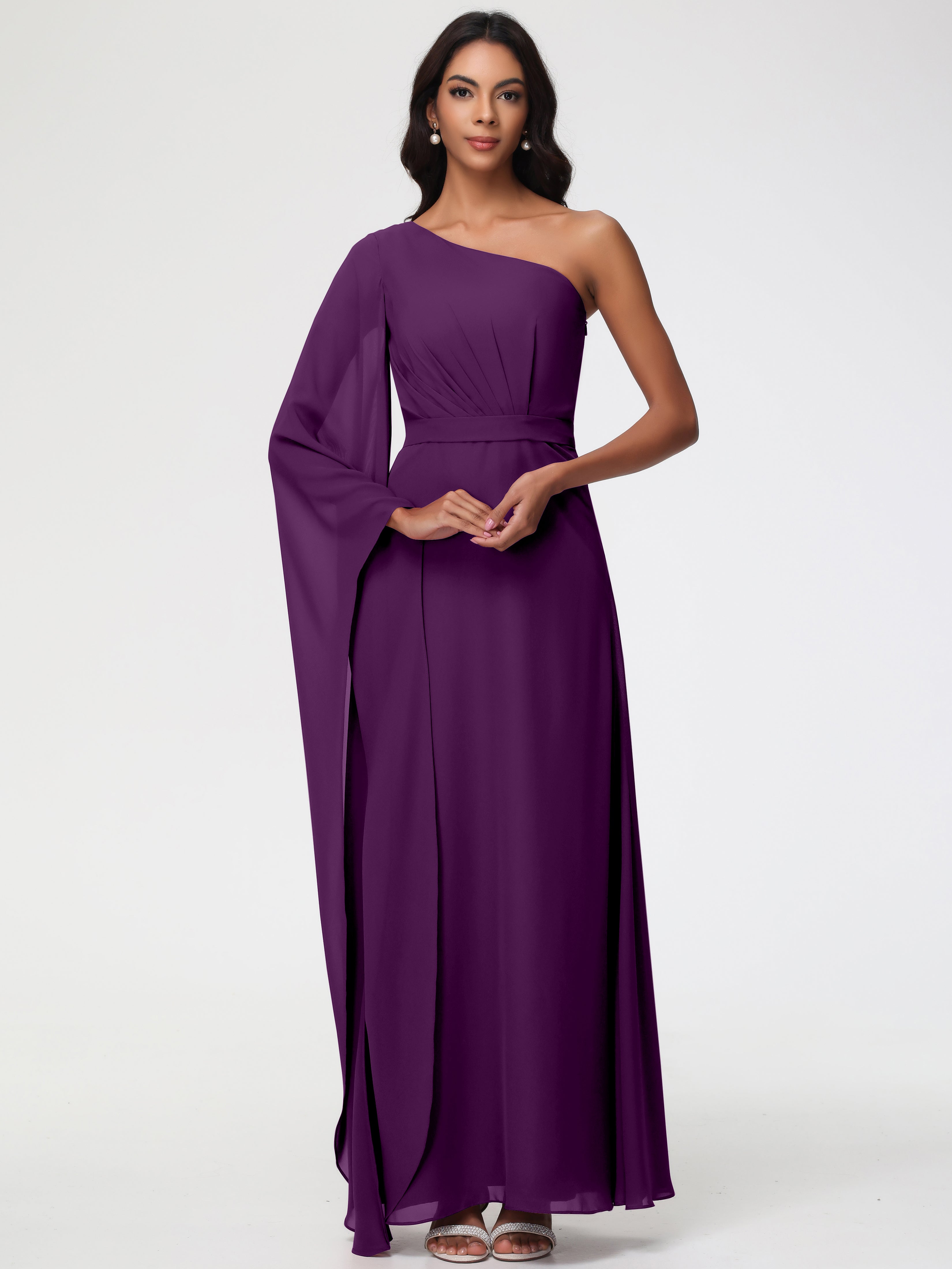 Grape Bridesmaid Flowy One Shoulder Long Sleeves Floor Length Chiffon Bridesmaid Dresses Grape Bridesmaid Flowy One Shoulder Long Sleeves Floor Length Chiffon Bridesmaid Dresses