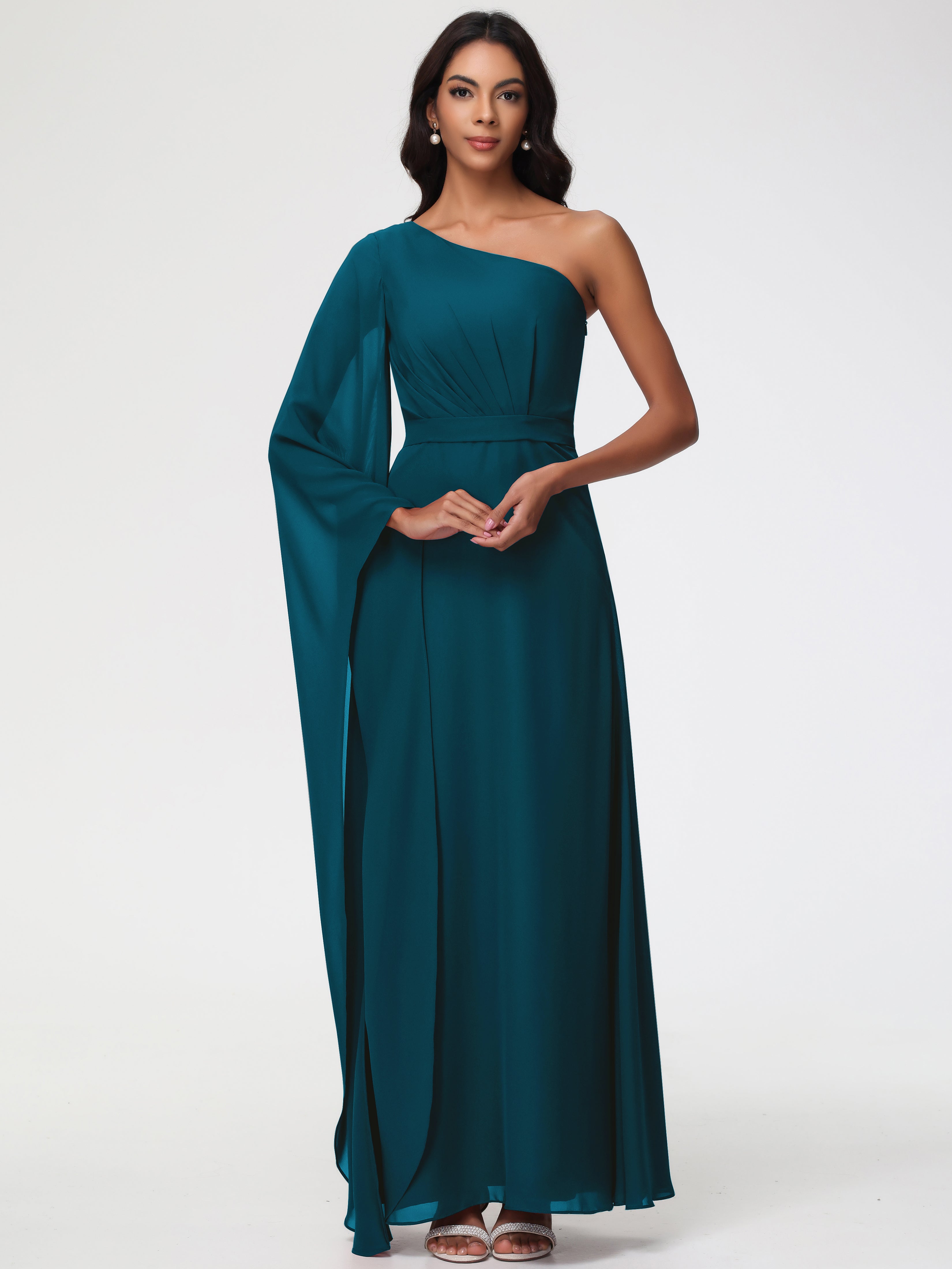 Bridesmaid Dresses Ink Blue Flowy One Shoulder Long Sleeves Floor Length Chiffon Bridesmaid Dresses Bridesmaid Dresses Ink Blue Flowy One Shoulder Long Sleeves Floor Length Chiffon Bridesmaid Dresses