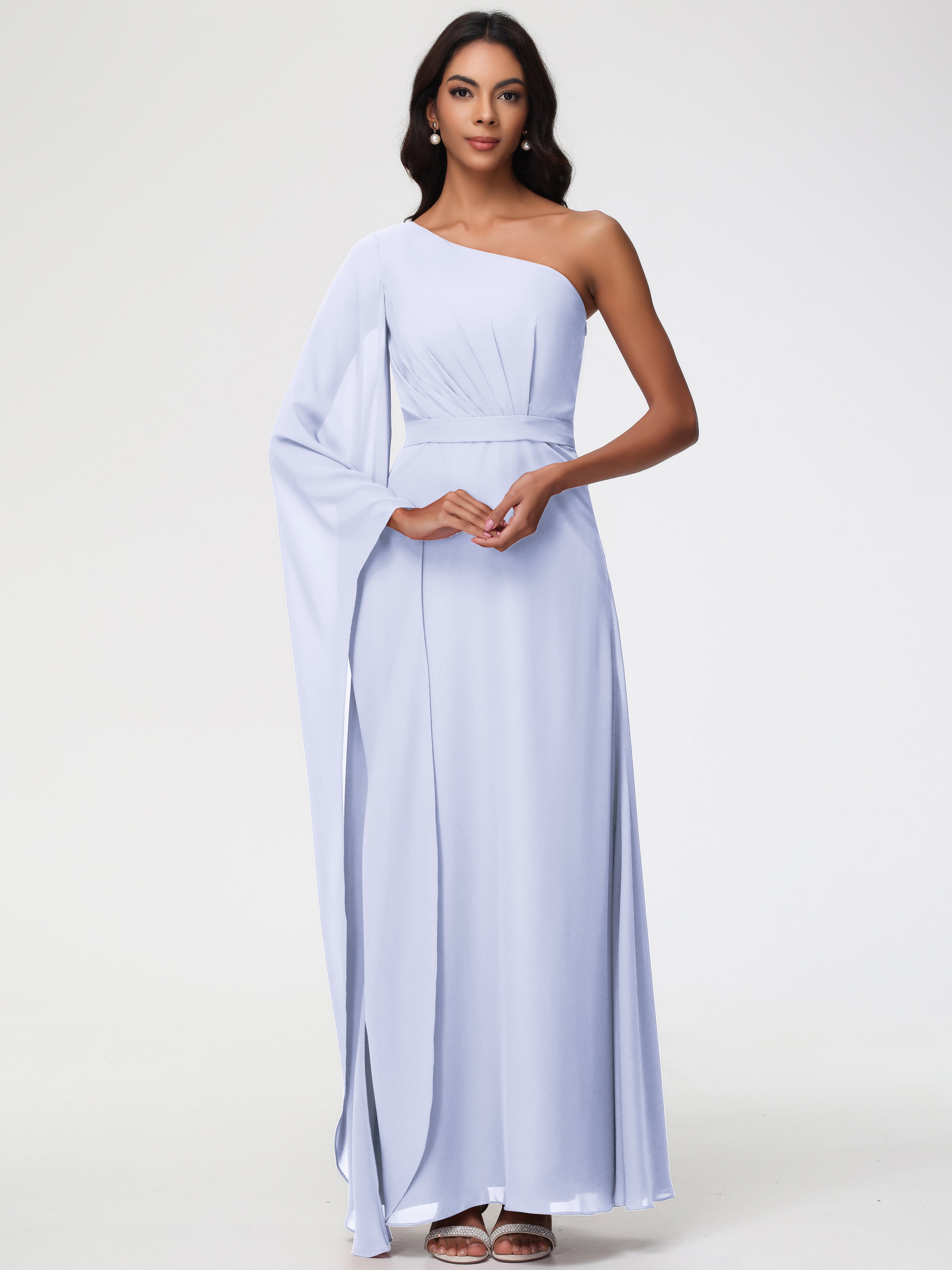 Lavender Bridesmaids Dress Flowy One Shoulder Long Sleeves Floor Length Chiffon Bridesmaid Dresses Lavender Bridesmaids Dress Flowy One Shoulder Long Sleeves Floor Length Chiffon Bridesmaid Dresses