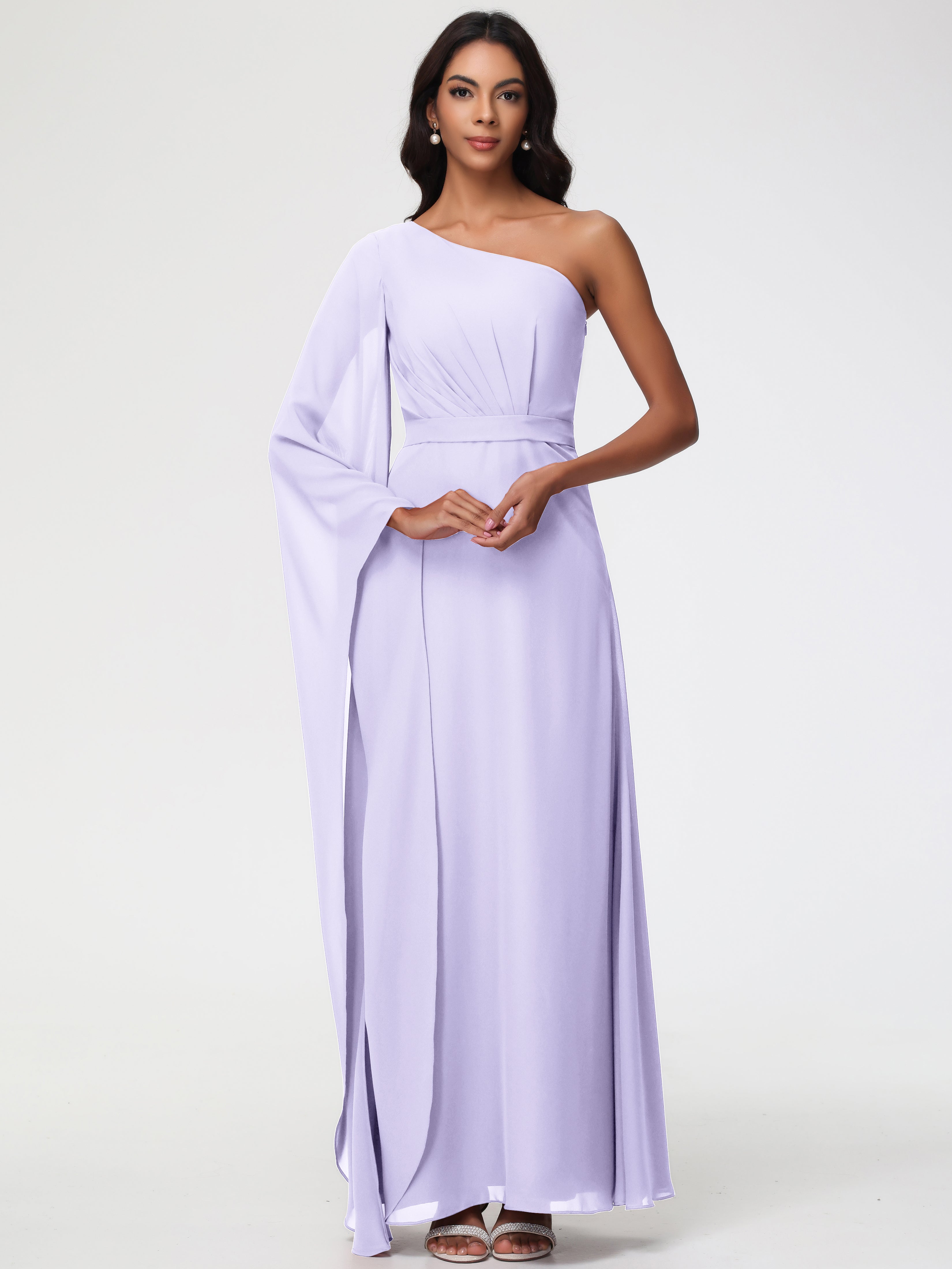 Lilac Bridesmaid Dress Flowy One Shoulder Long Sleeves Floor Length Chiffon Bridesmaid Dresses Lilac Bridesmaid Dress Flowy One Shoulder Long Sleeves Floor Length Chiffon Bridesmaid Dresses