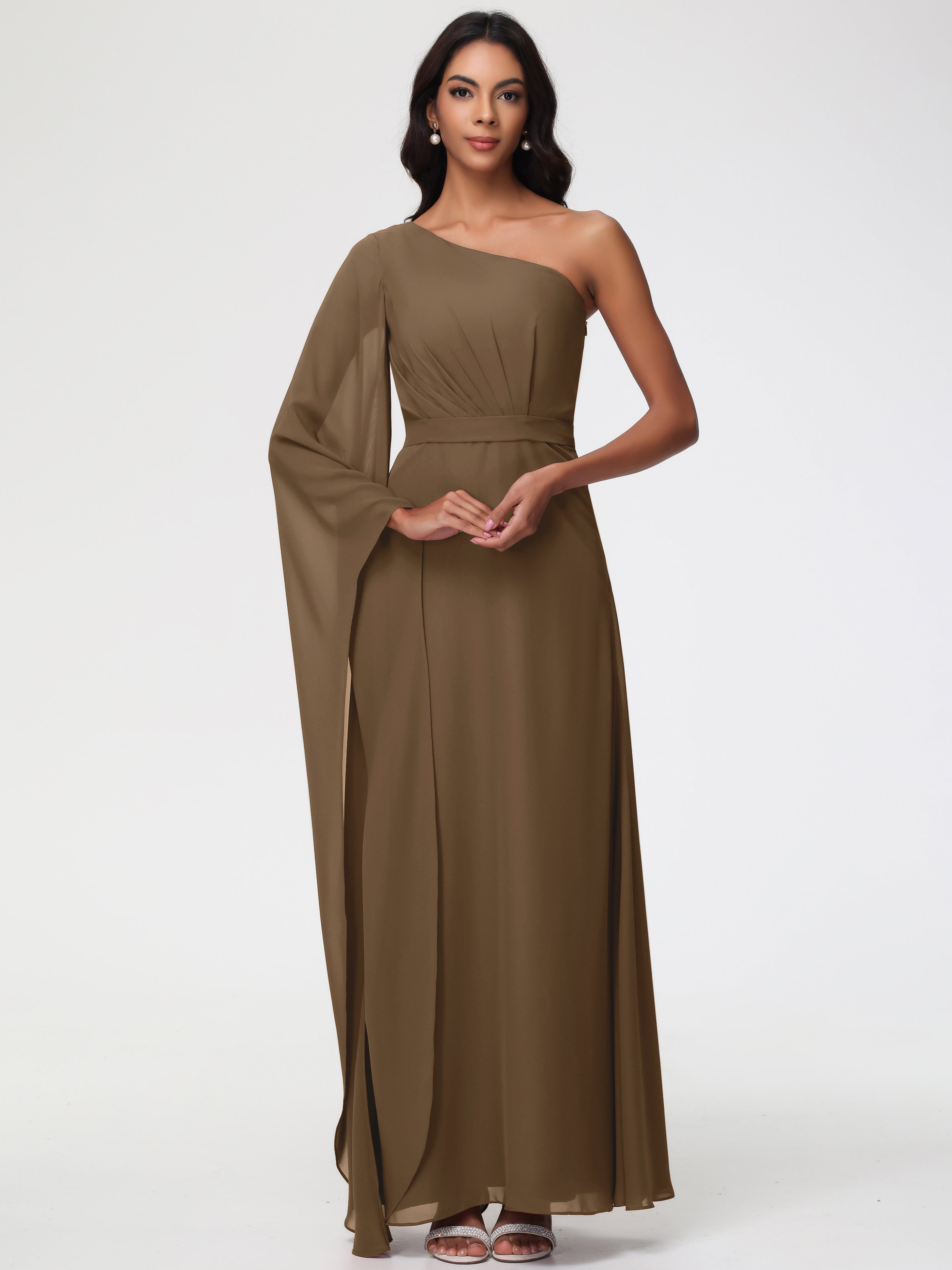 Bridesmaid Dress Mocha Flowy One Shoulder Long Sleeves Floor Length Chiffon Bridesmaid Dresses
