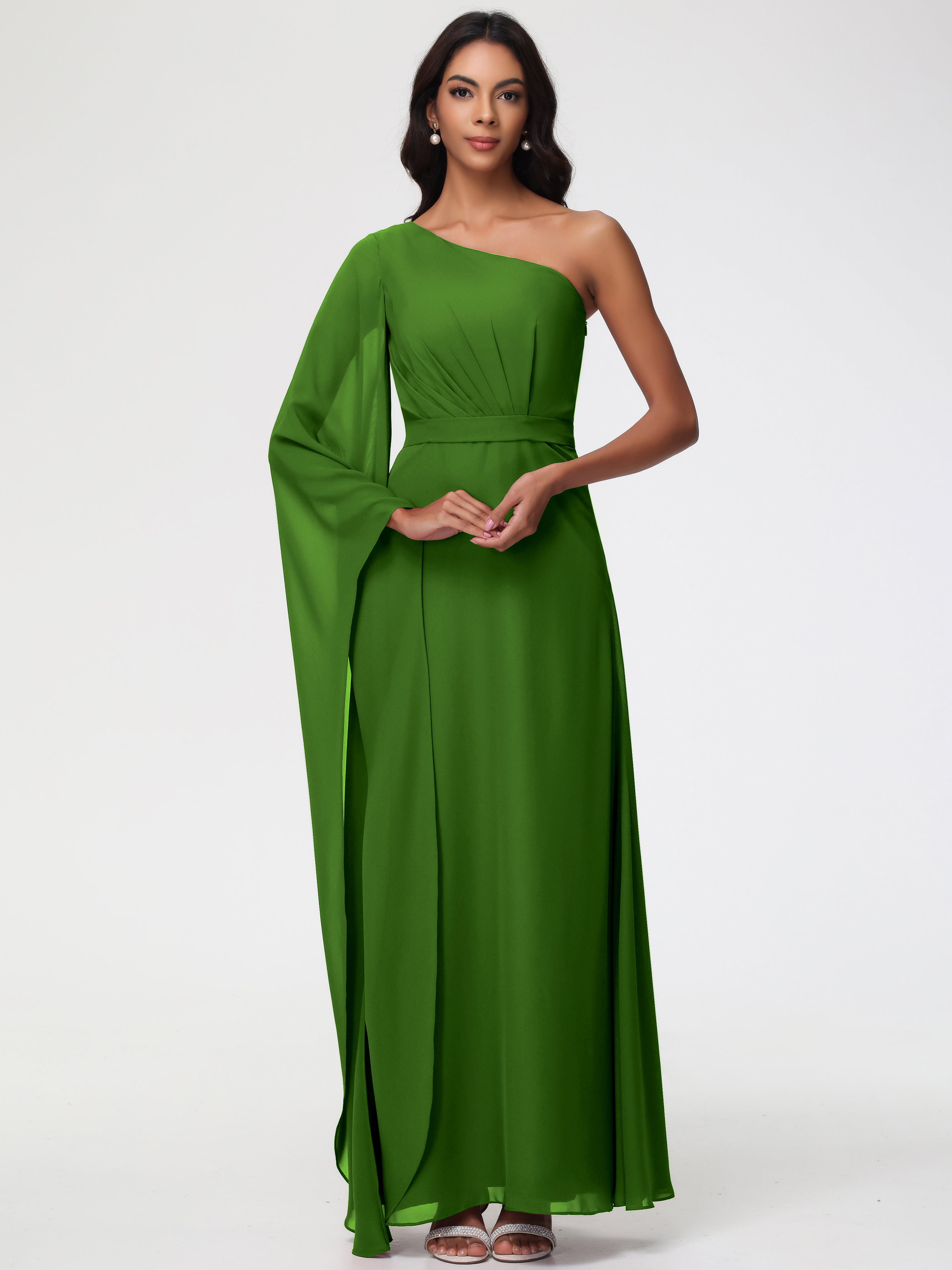 Moss Color Bridesmaid Dresses Flowy One Shoulder Long Sleeves Floor Length Chiffon Bridesmaid Dresses Moss Color Bridesmaid Dresses Flowy One Shoulder Long Sleeves Floor Length Chiffon Bridesmaid Dresses