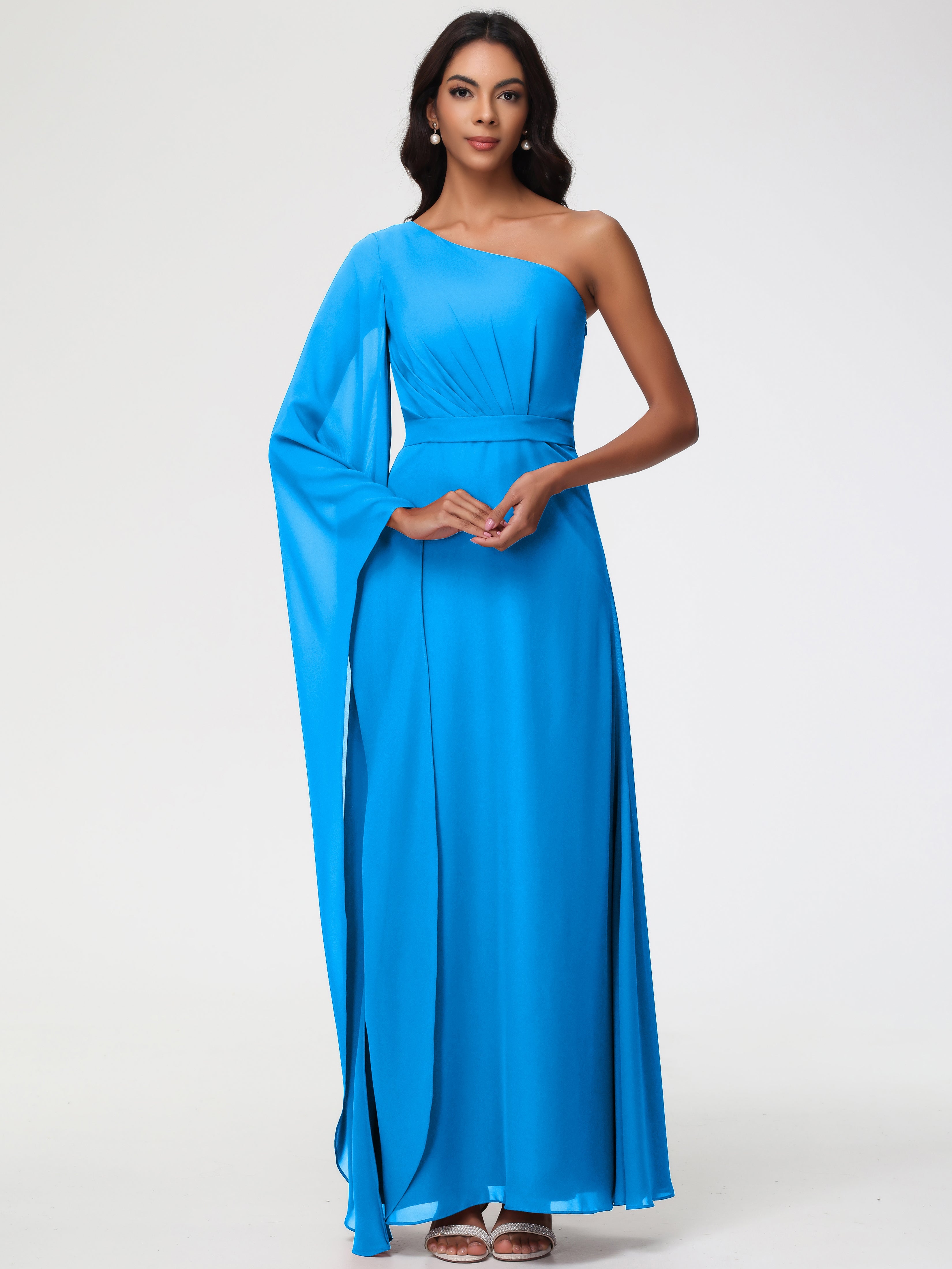 Ocean Bridesmaid Dress Flowy One Shoulder Long Sleeves Floor Length Chiffon Bridesmaid Dresses Ocean Bridesmaid Dress Flowy One Shoulder Long Sleeves Floor Length Chiffon Bridesmaid Dresses