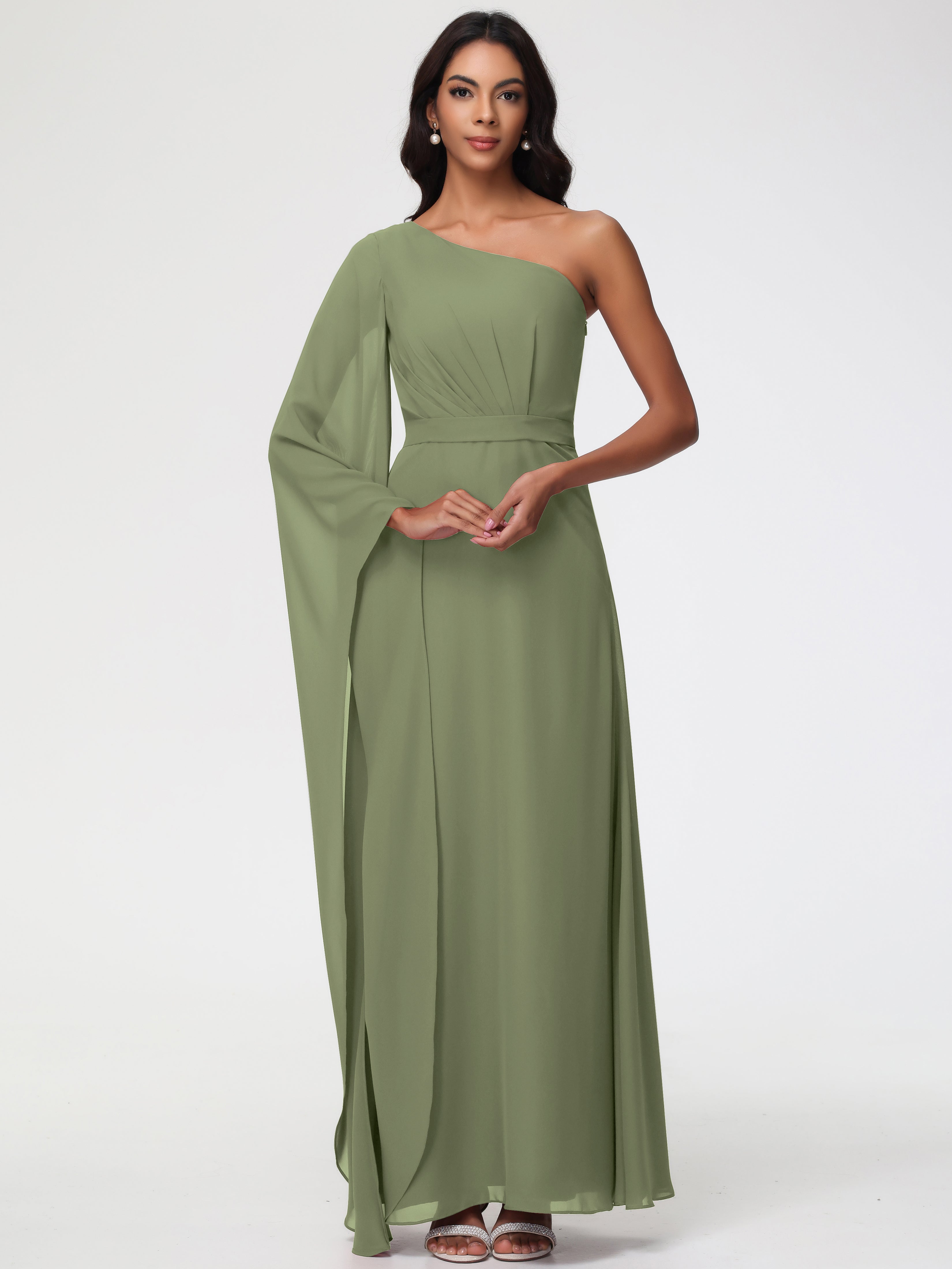 Chiffon Olive Green Bridesmaid Dresses Flowy One Shoulder Long Sleeves Floor Length Chiffon Bridesmaid Dresses Chiffon Olive Green Bridesmaid Dresses Flowy One Shoulder Long Sleeves Floor Length Chiffon Bridesmaid Dresses
